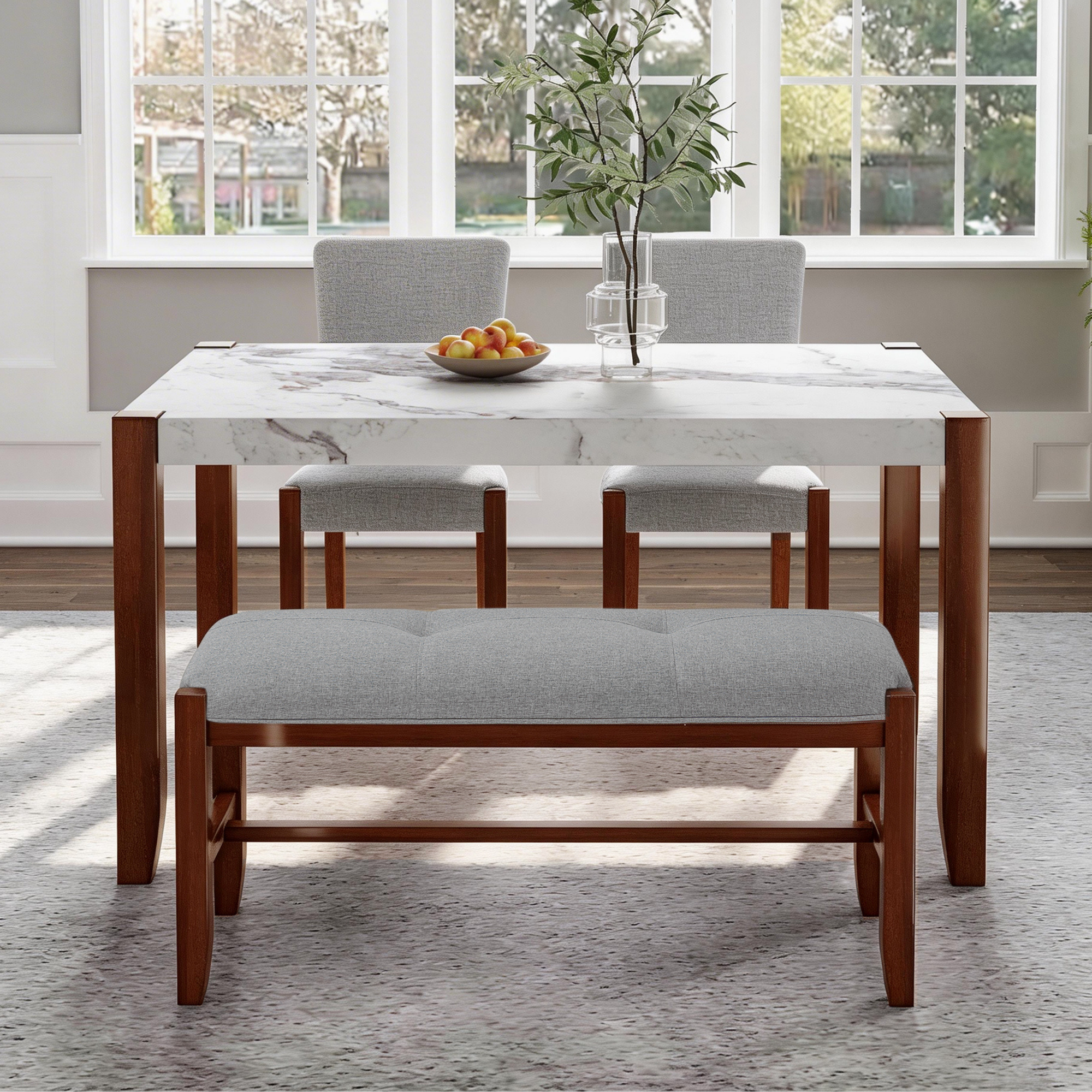4-Piece Dining Set, 1 Marble-Look Table With 2 Upholstered Chairs And 1 Bench With Solid Rubber Wood Legs, Padded Seat, Curved Backrest, Space-Saving, Dining Room, Gray