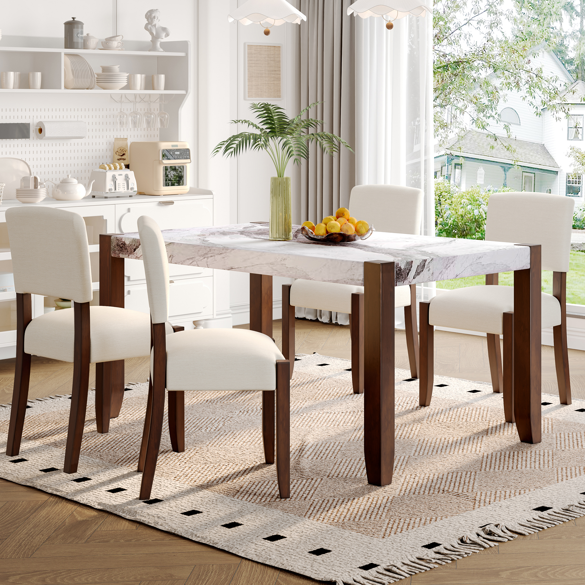 5-Piece Dining Table Set For 4, 46  Faux Marble Style Table And 4 Upholstered Chairs With Solid Rubberwood Legs, Padded Seat, Curved Backrest, Space-Saving Dinette Set For Dining Room, White-SQ000885