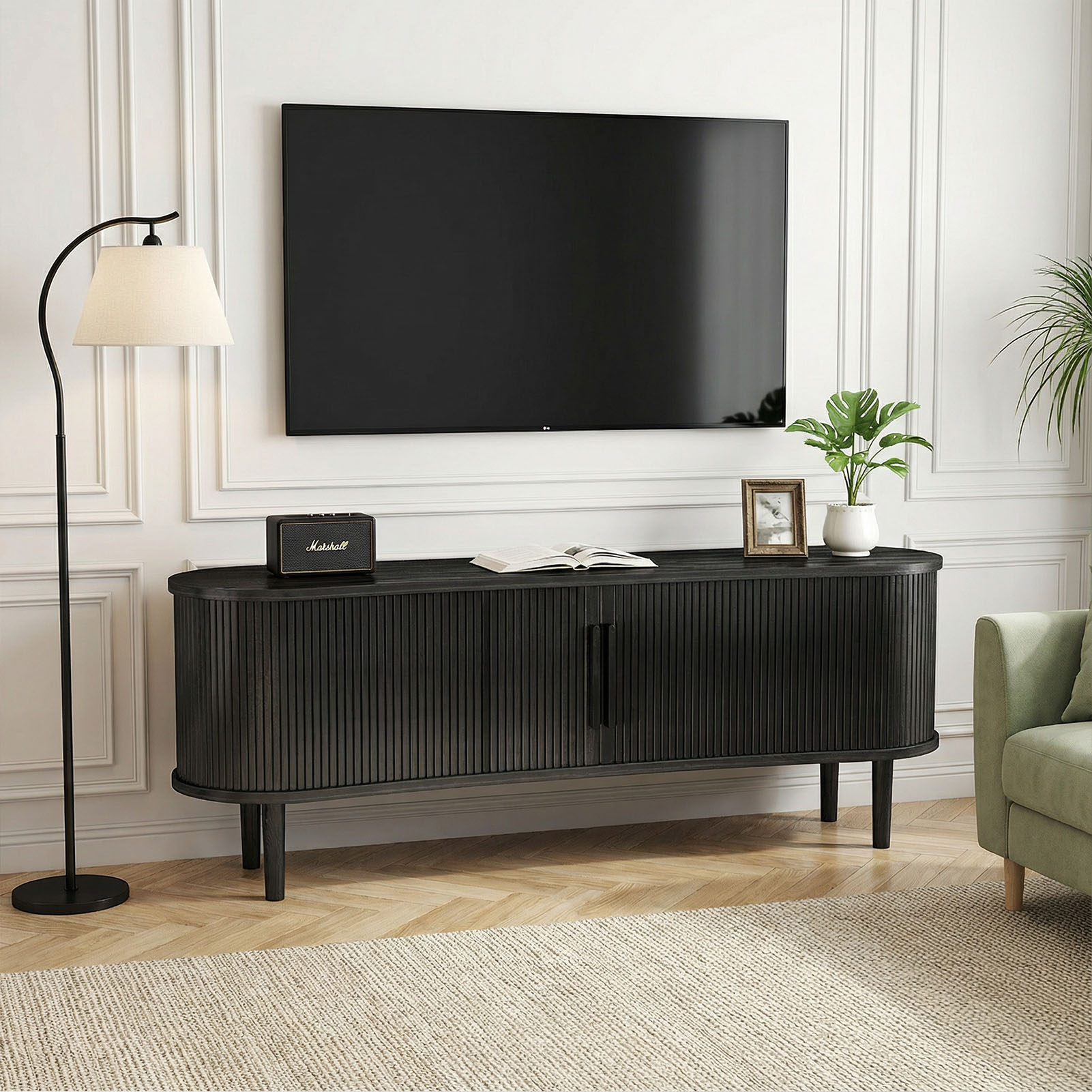 63in Fluted TV Stand Modern Media Console Table Entertainment Center With Sliding Door And Solid Wood Legs For Living Room Bedroom Office Black