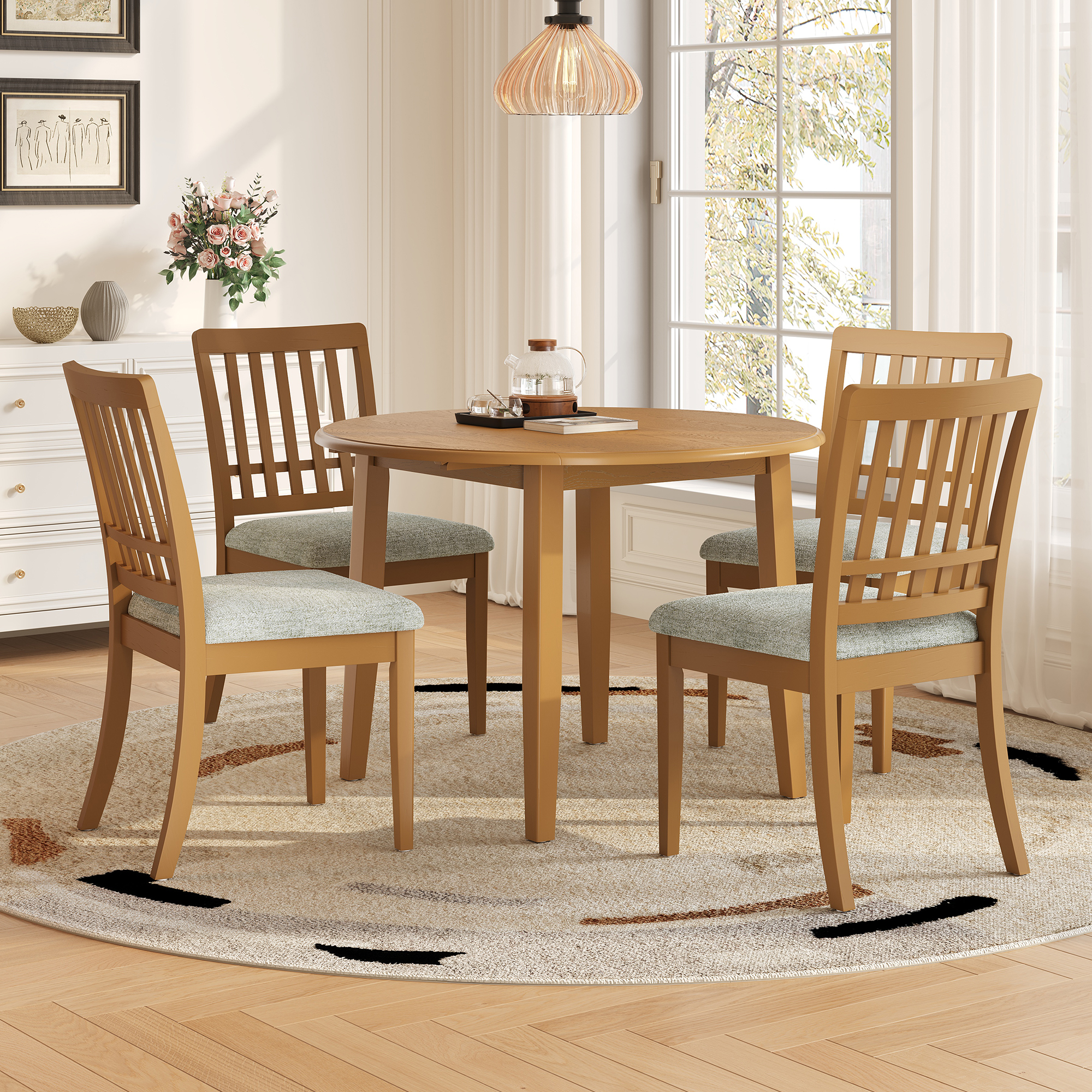 5-Piece Round Dining Table Set For 4 People, 1 Folding Wood Dining Table   4 Upholstered Chairs, Space-Saving Design For Small Apartments And Dining Areas -LIGHT BROWN