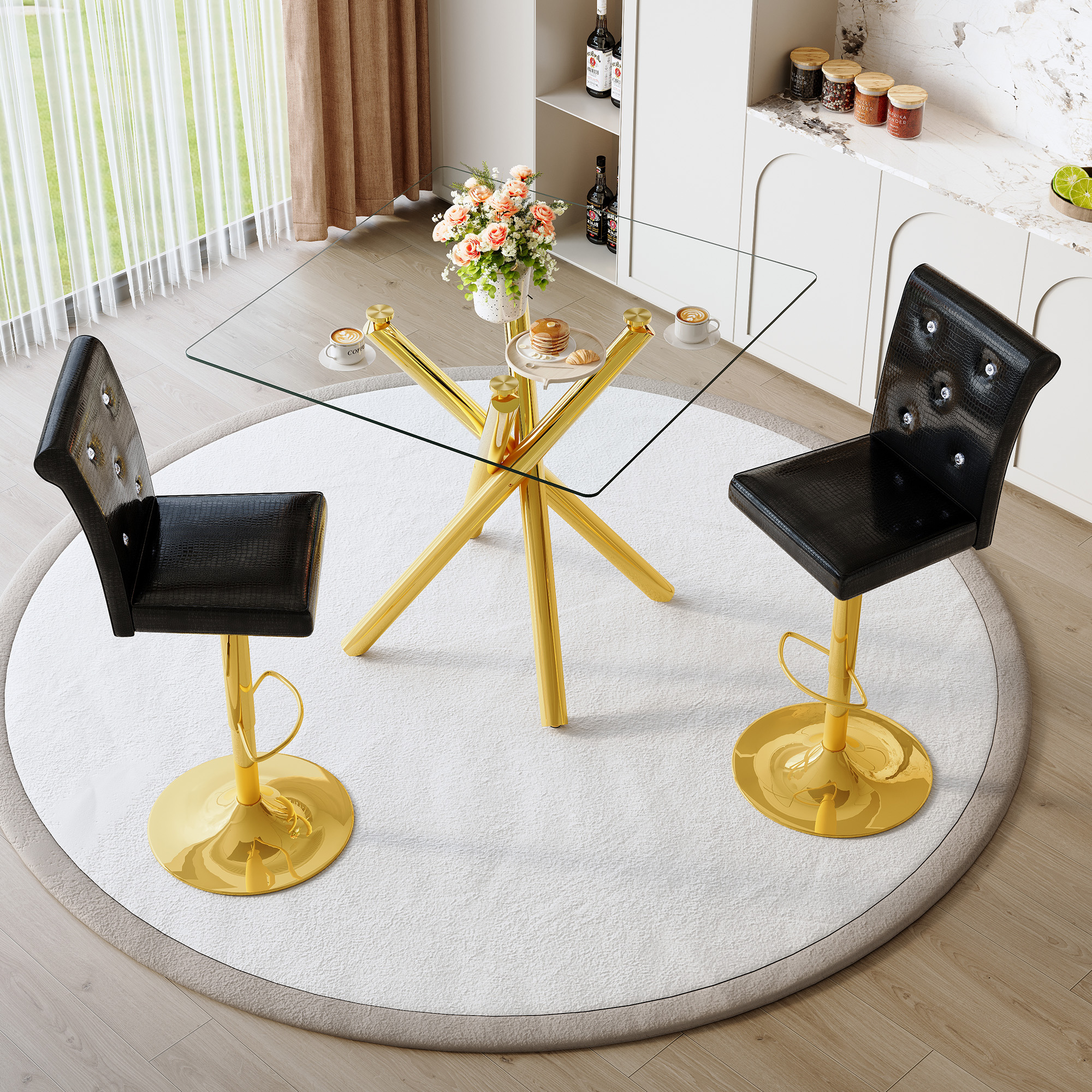 Modern Glass Bar Table And Adjustable Bar Stools Set Of 2, Contemporary Counter Height Pub Table With Gold Chrome Legs, Black PU Leather Swivel Bar Chairs For Kitchen Island, Home Bar, Small Space
