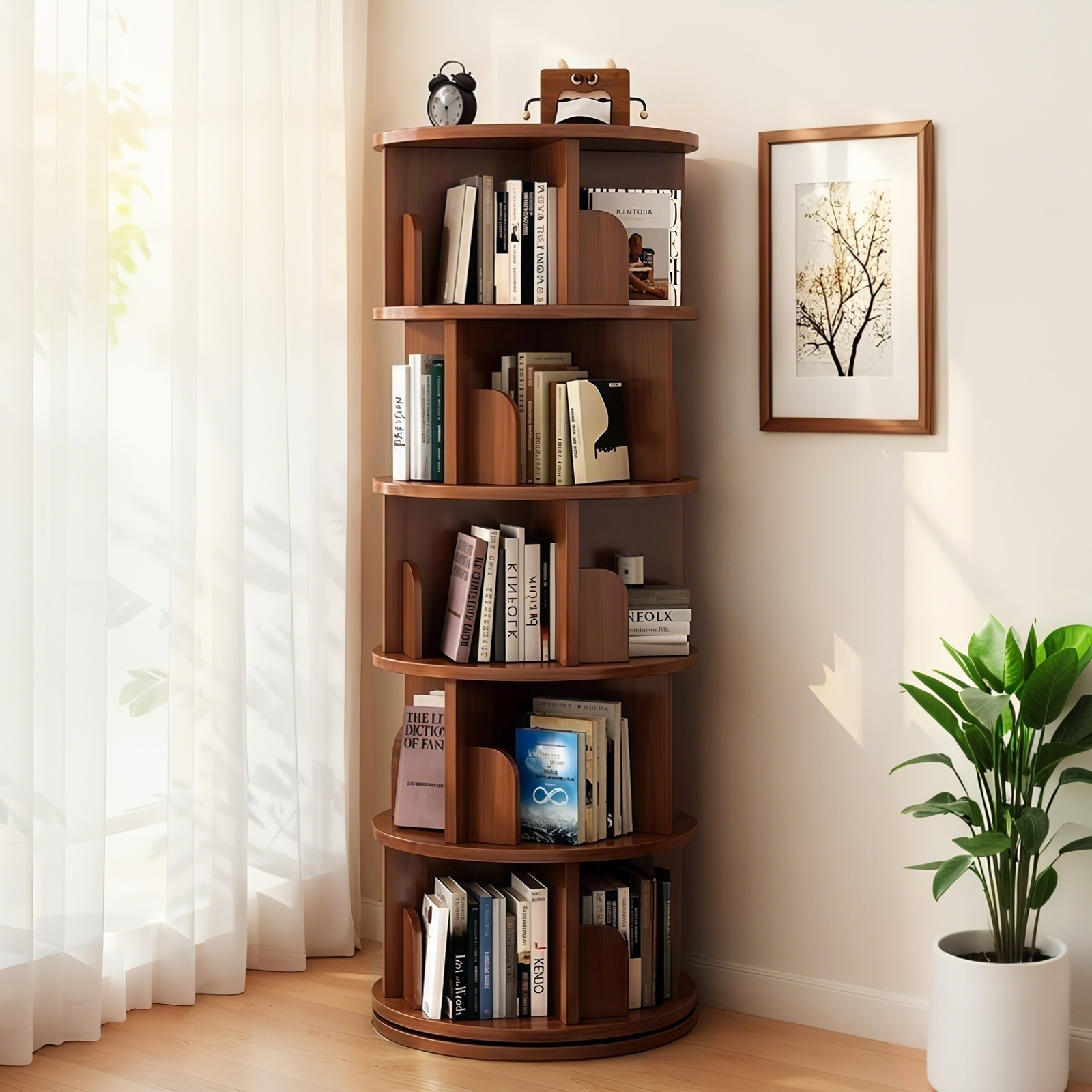 5 Tier Rotating Bookshelf, 360 Display Round Spinning Bookshelf, Space-Saving, Small Space Rotating Bookshelf Tower For Bedroom, Living Room, Home, Office, Walnut