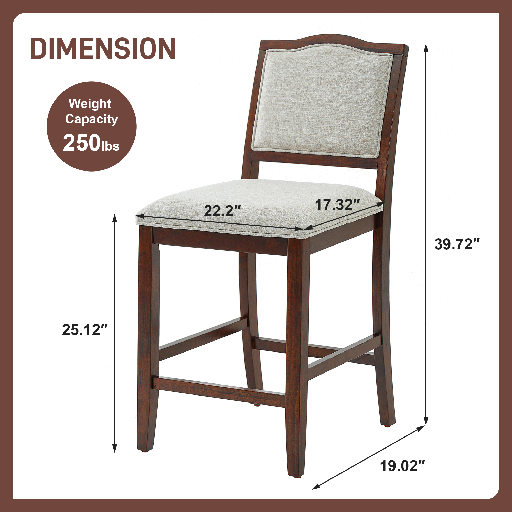 Counter Height Bar Stools Set Of 2 - Rustic 2 Pack Bar Stools With Rubber Wood Frame, Ergonomic Backrest, Versatile For Kitchen Island, Dining Room, Cherry