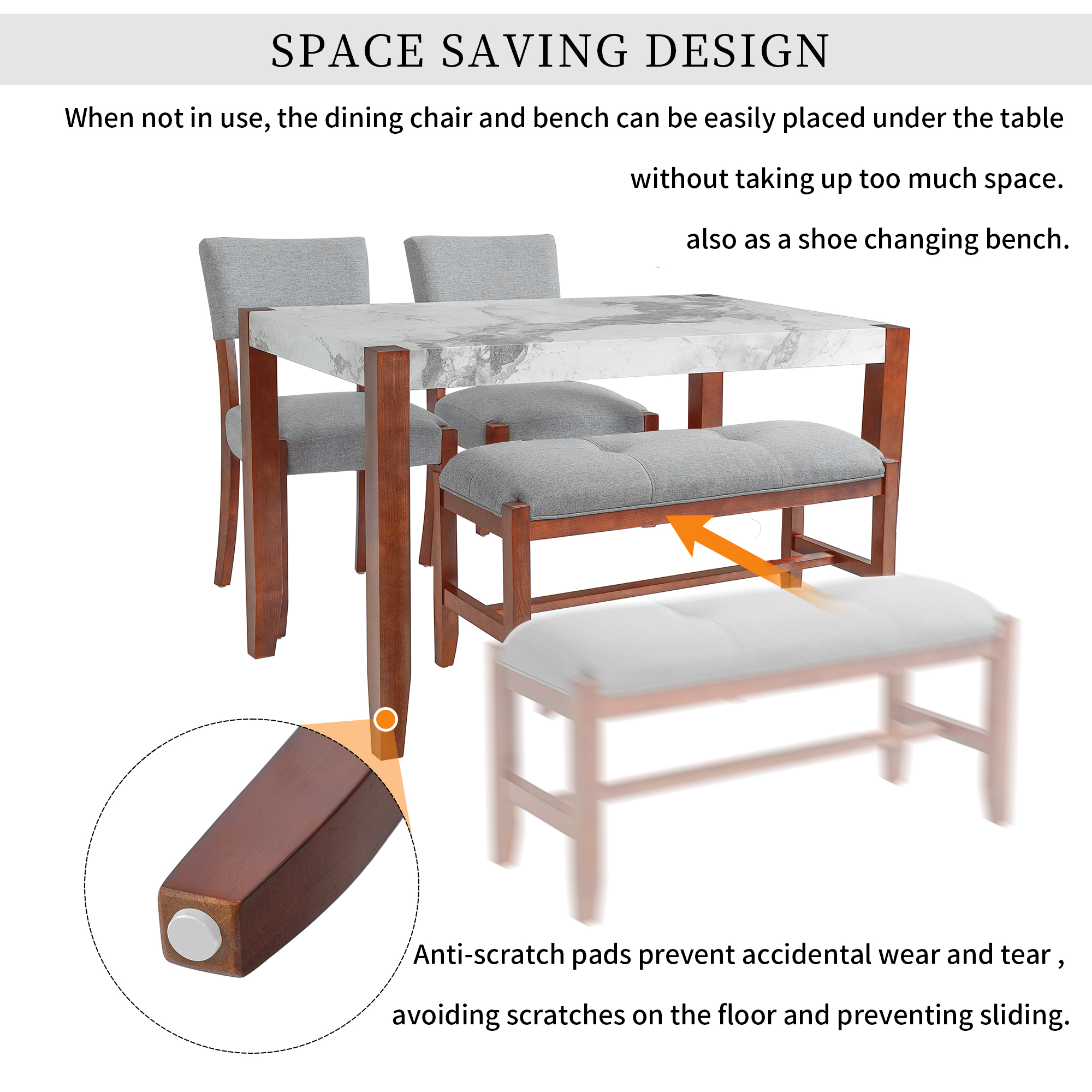 4-Piece Dining Set, 1 Marble-Look Table With 2 Upholstered Chairs And 1 Bench With Solid Rubber Wood Legs, Padded Seat, Curved Backrest, Space-Saving, Dining Room, Gray