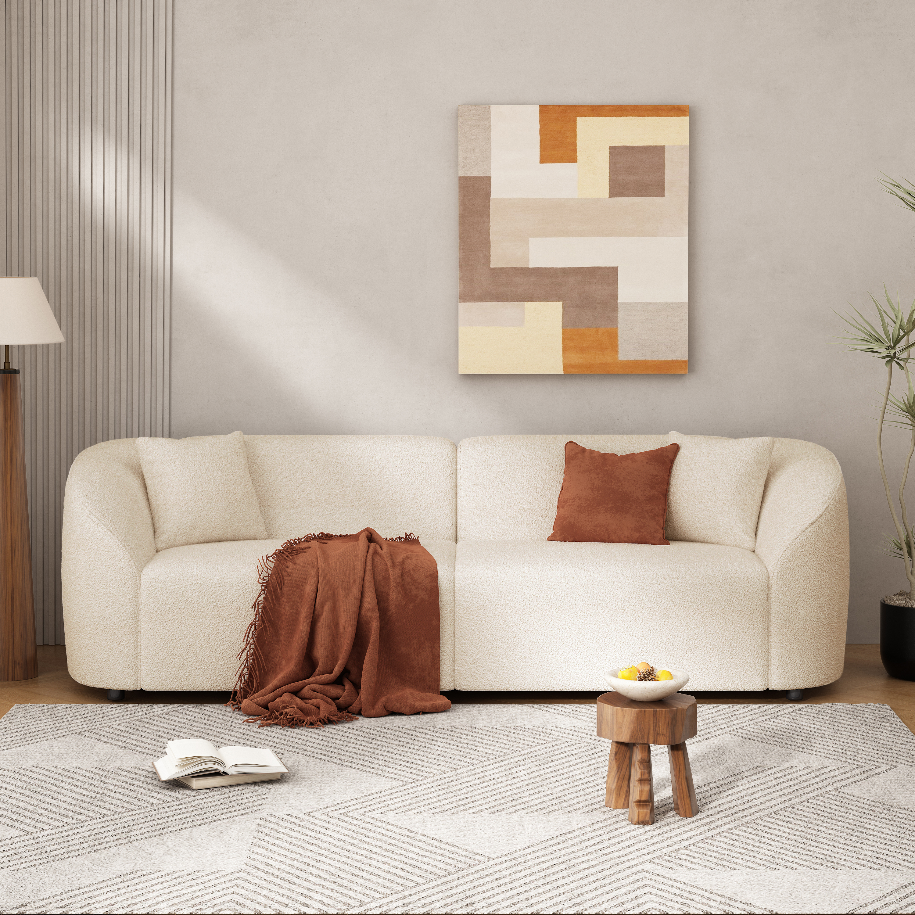 87  Curved Contemporary Sofa In Beige Plush Seating, Streamlined Design, And Durable Frame -Ideal For Stylish Living Spaces