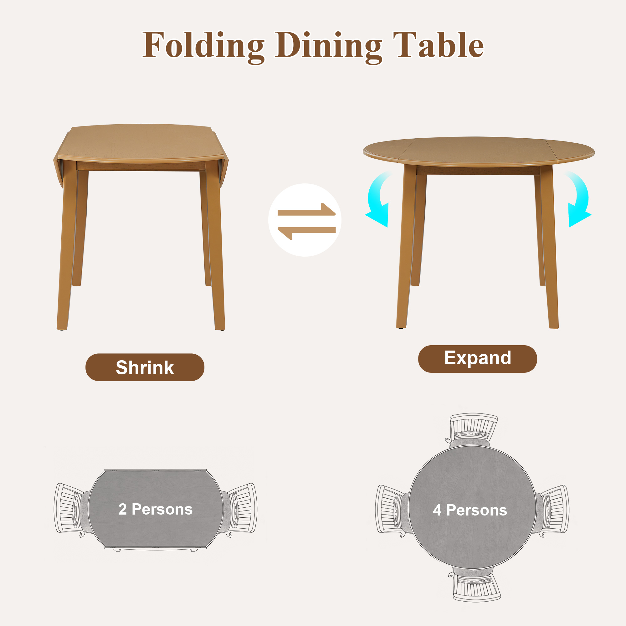 Extendable Round Dining Table For 2 4 People Folding Wood Dining Table With Adjustable Size, Space Saving Design For Small Apartments And Dining Areas  LIGHT BROWN