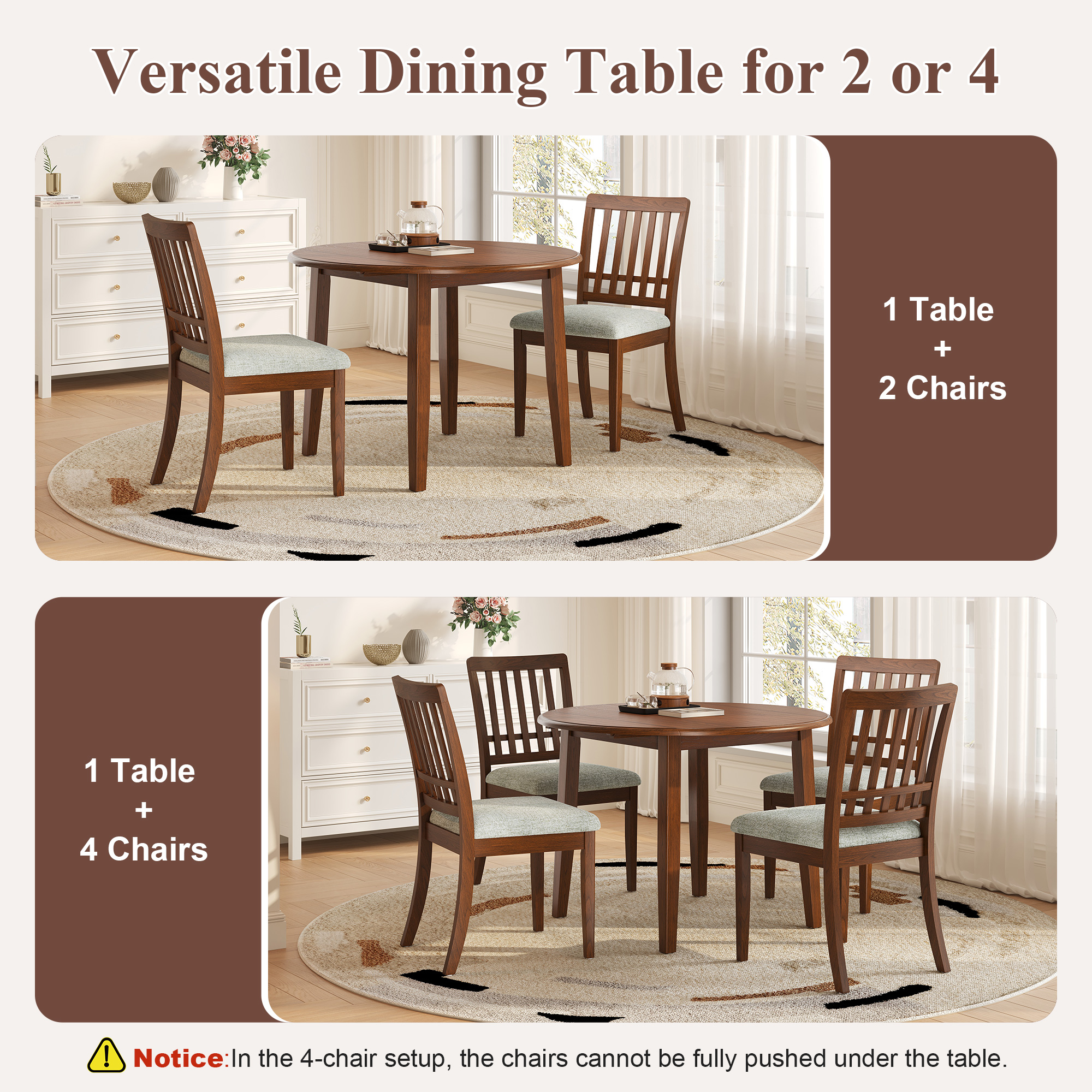 3-Piece Round Dining Table Set For 2 People, 1 Folding Wood Dining Table   2 Upholstered Chairs, Space-Saving Design For Small Apartments And Dining Areas - BROWN