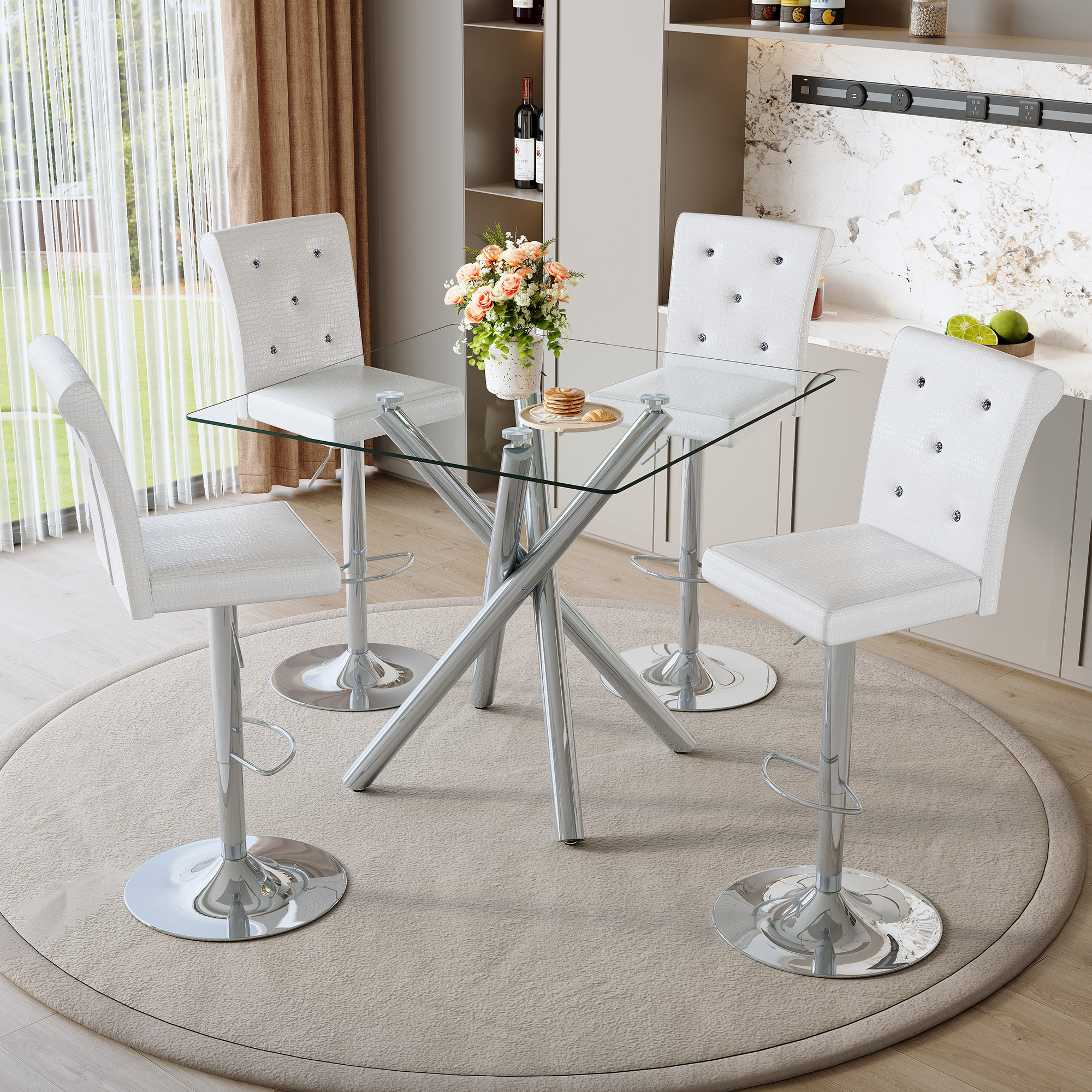 Modern Glass Bar Table And Adjustable Bar Stools Set Of 2, Contemporary Counter Height Pub Table With Chrome Legs, White PU Leather Swivel Bar Chairs For Kitchen Island, Home Bar, Small Space