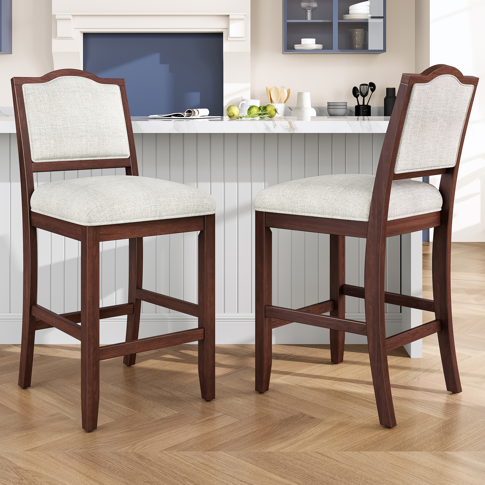 Counter Height Bar Stools Set Of 2 - Rustic 2 Pack Bar Stools With Rubber Wood Frame, Ergonomic Backrest, Versatile For Kitchen Island, Dining Room, Cherry