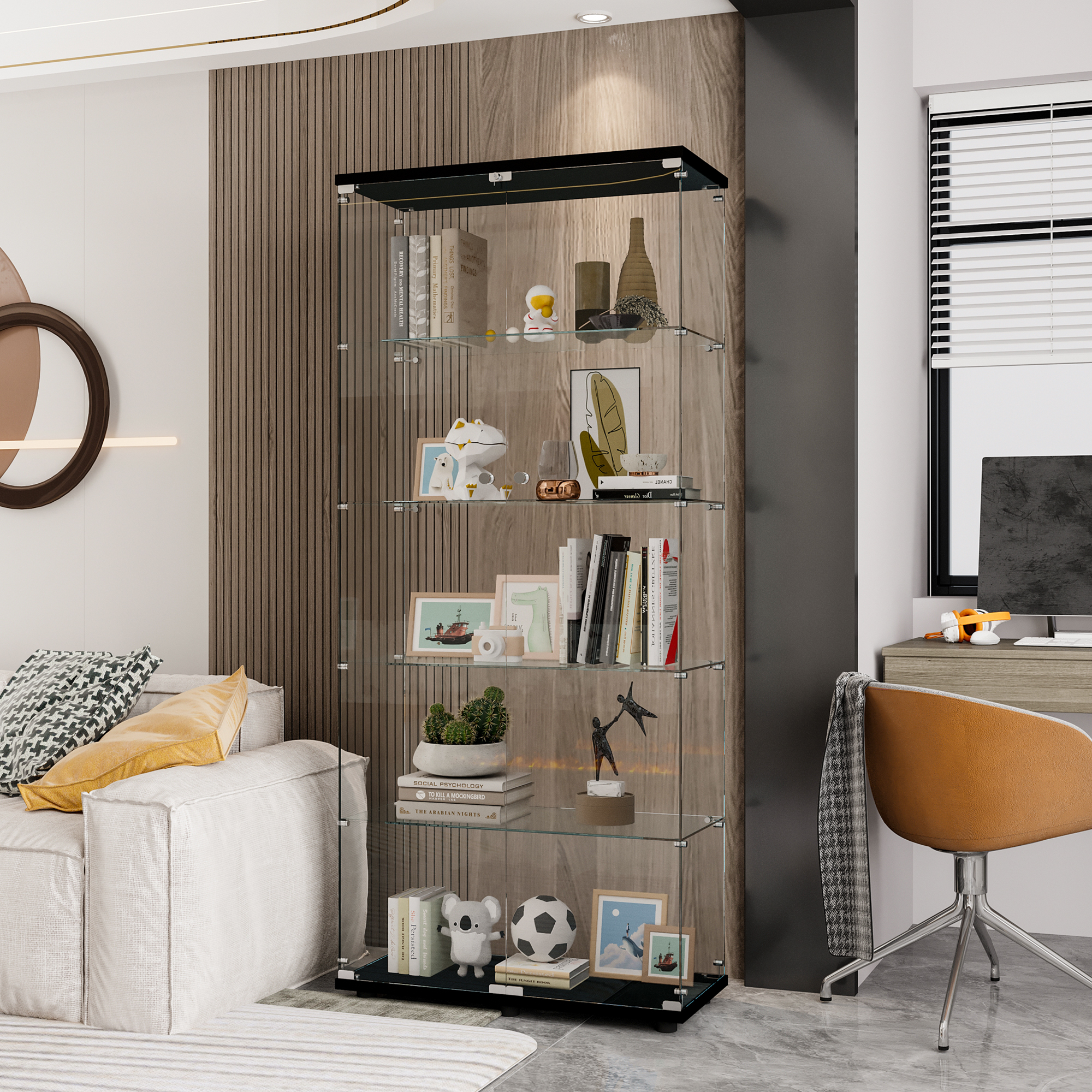 Glass Display Cabinet With 5 Shelves Double Door, Curio Cabinets For Living Room, Bedroom, Office, Black Floor Standing Glass Bookshelf, Quick Installation