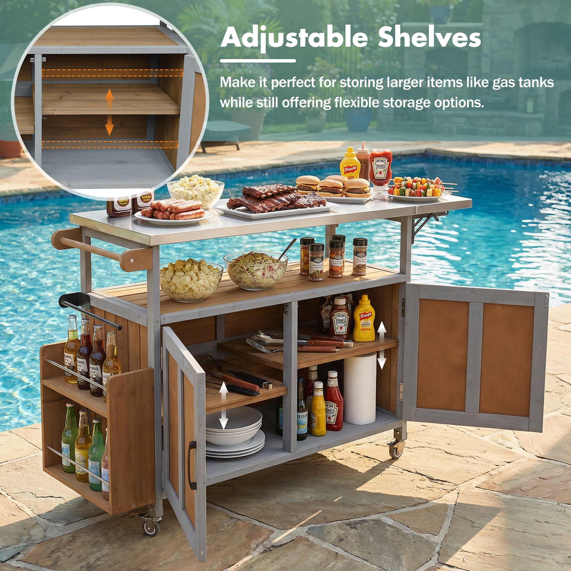 Foldable Outdoor Kitchen Island Patio Mobile Kitchen Cart Portable Outdoor Cooking Island With Lockable Wheels, Storage Cabinet And Towel Rack For Patio And Outdoor, Espresso Grey