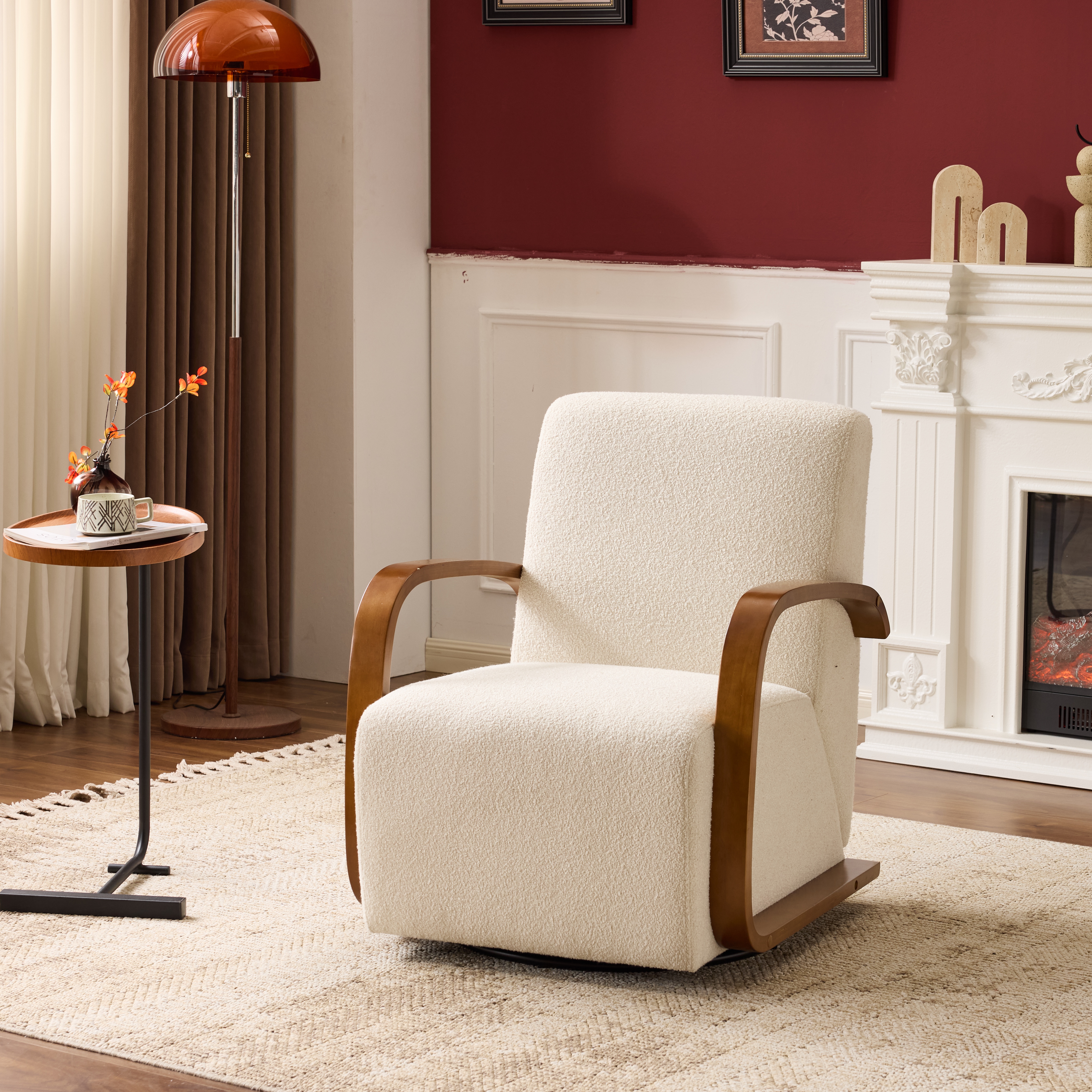 Cream Upholstered 360 Swivel Accent Chair  Solid Wood Curved Arms, Mid-Century Modern Design, Ergonomic Comfort For Living Room, Bedroom Reading Nook Small Single Sofa For Bedroom, Office, Apartment