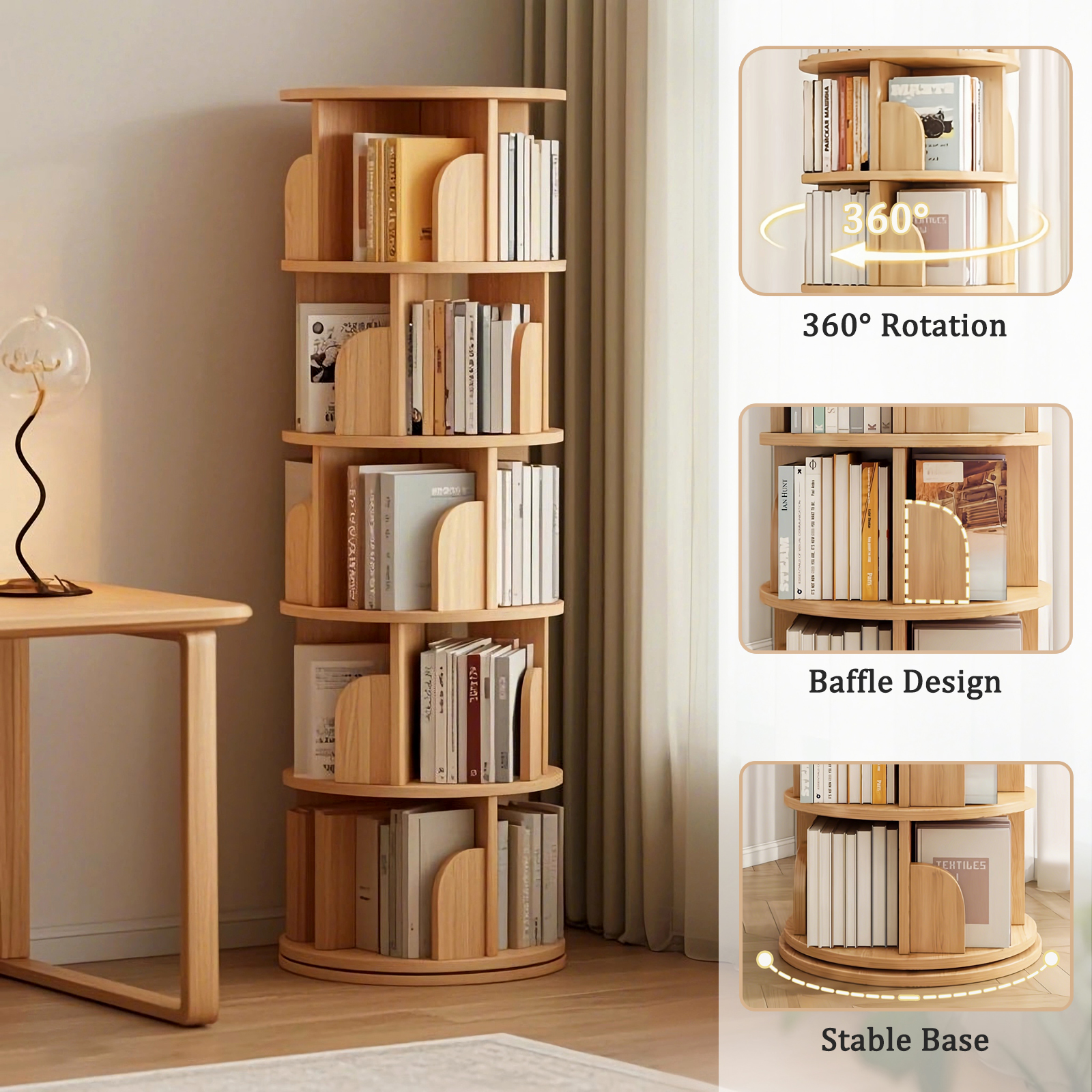 5 Tier Rotating Bookshelf, 360 Display Round Spinning Bookshelf, Space-Saving, Small Space Rotating Bookshelf Tower For Bedroom, Living Room, Home, Office, Wood Color