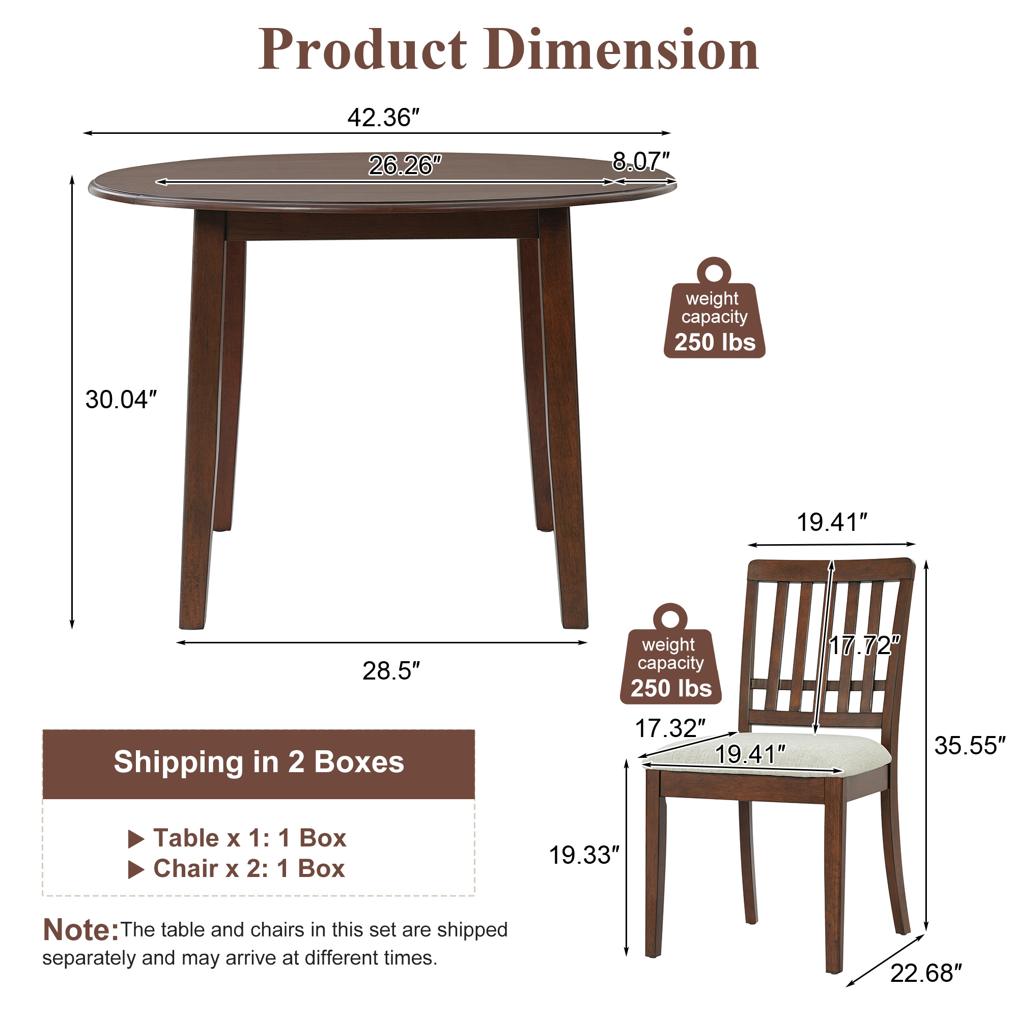 3-Piece Round Dining Table Set For 2 People, 1 Folding Wood Dining Table   2 Upholstered Chairs, Space-Saving Design For Small Apartments And Dining Areas - BROWN