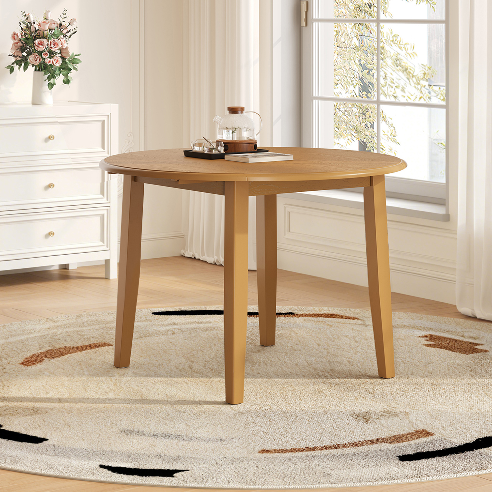 Extendable Round Dining Table For 2 4 People Folding Wood Dining Table With Adjustable Size, Space Saving Design For Small Apartments And Dining Areas  LIGHT BROWN