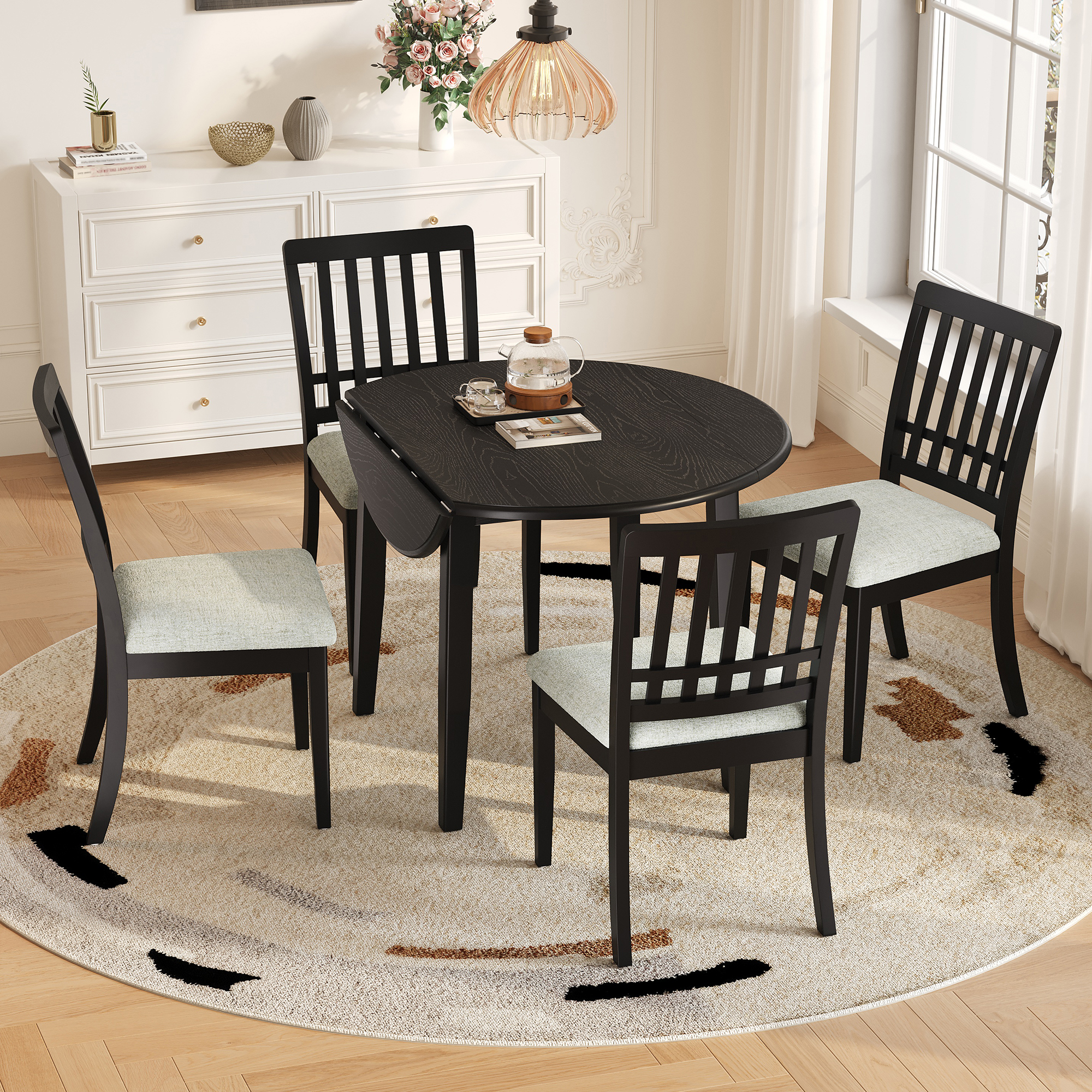 5-Piece Round Dining Table Set For 4 People, 1 Folding Wood Dining Table   4 Upholstered Chairs, Space-Saving Design For Small Apartments And Dining Areas - BLACK