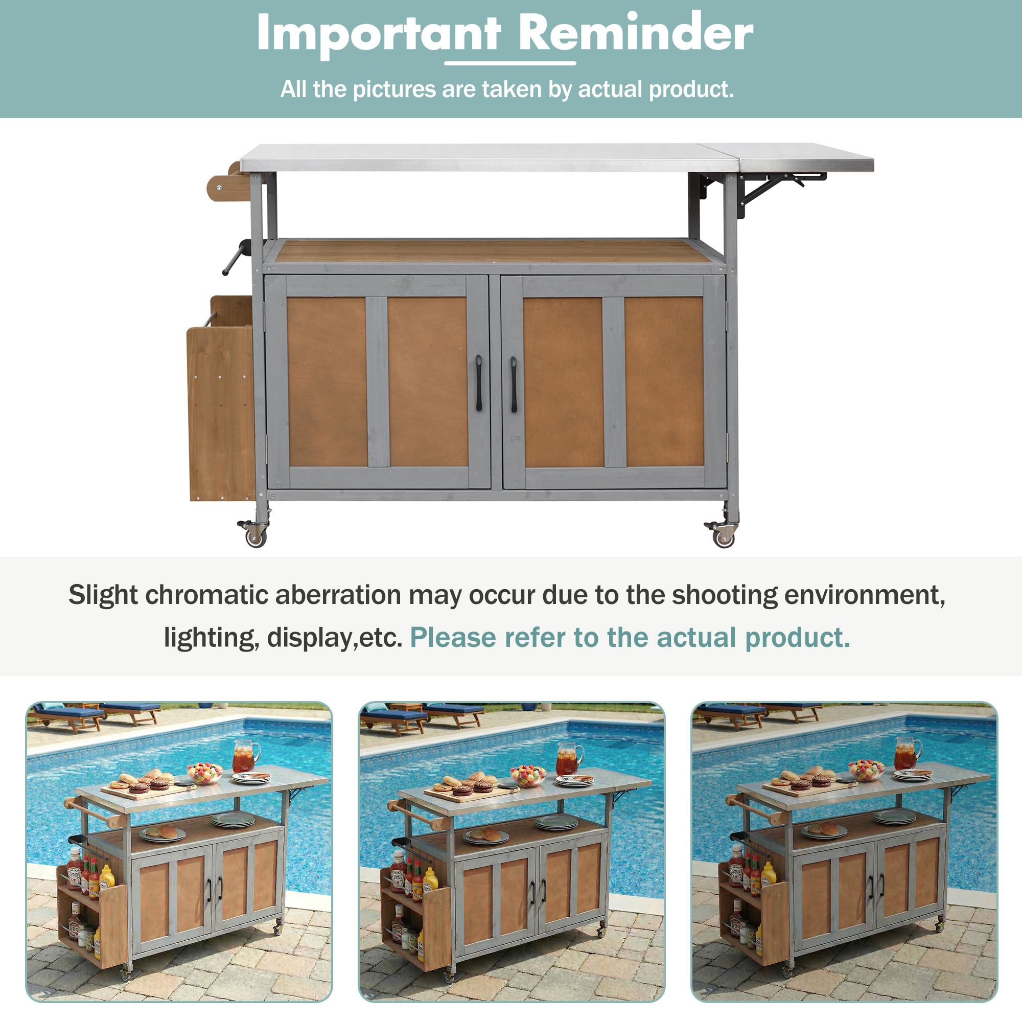 Foldable Outdoor Kitchen Island Patio Mobile Kitchen Cart Portable Outdoor Cooking Island With Lockable Wheels, Storage Cabinet And Towel Rack For Patio And Outdoor, Espresso Grey detail