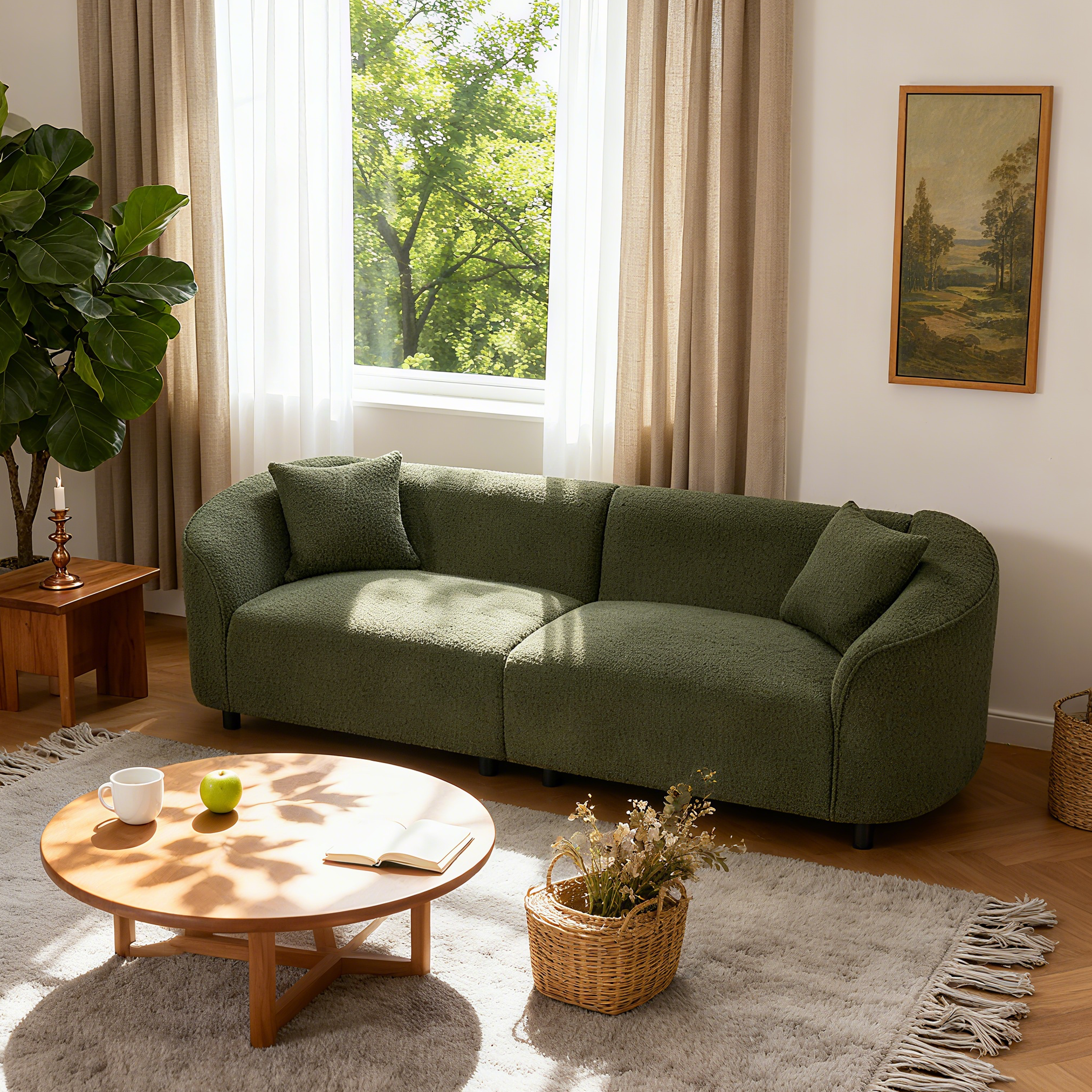 87  Curved Contemporary Sofa In Green Plush Seating, Streamlined Design, And Durable Frame  Ideal For Stylish Living Spaces