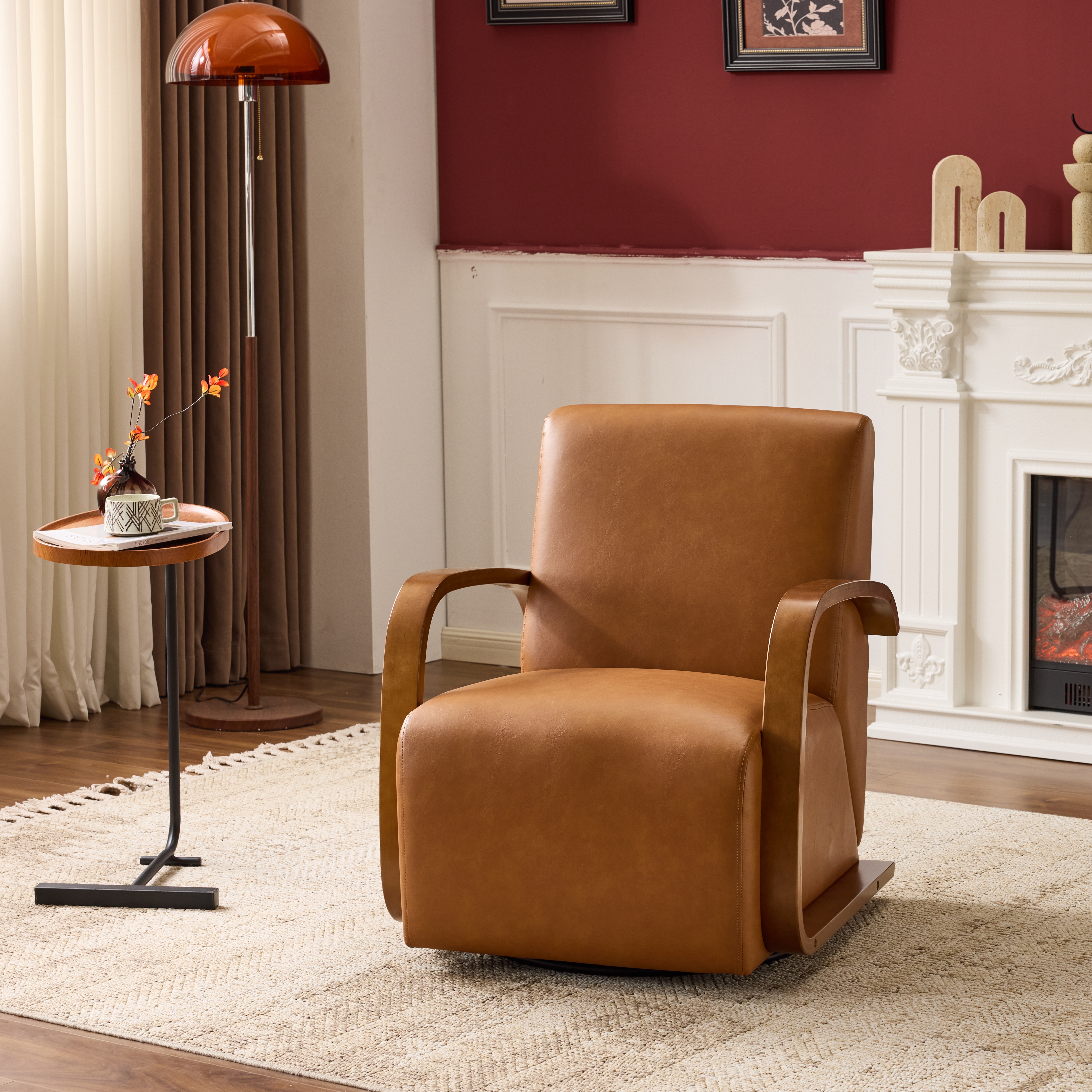 Vintage Brown Swivel Accent Chair -Luxe Faux Leather, Solid Wood Armrests, Ergonomic Comfort -Perfect For Living Room, Reading Nook,Small Single Sofa For Bedroom, Office, Apartment  Brown