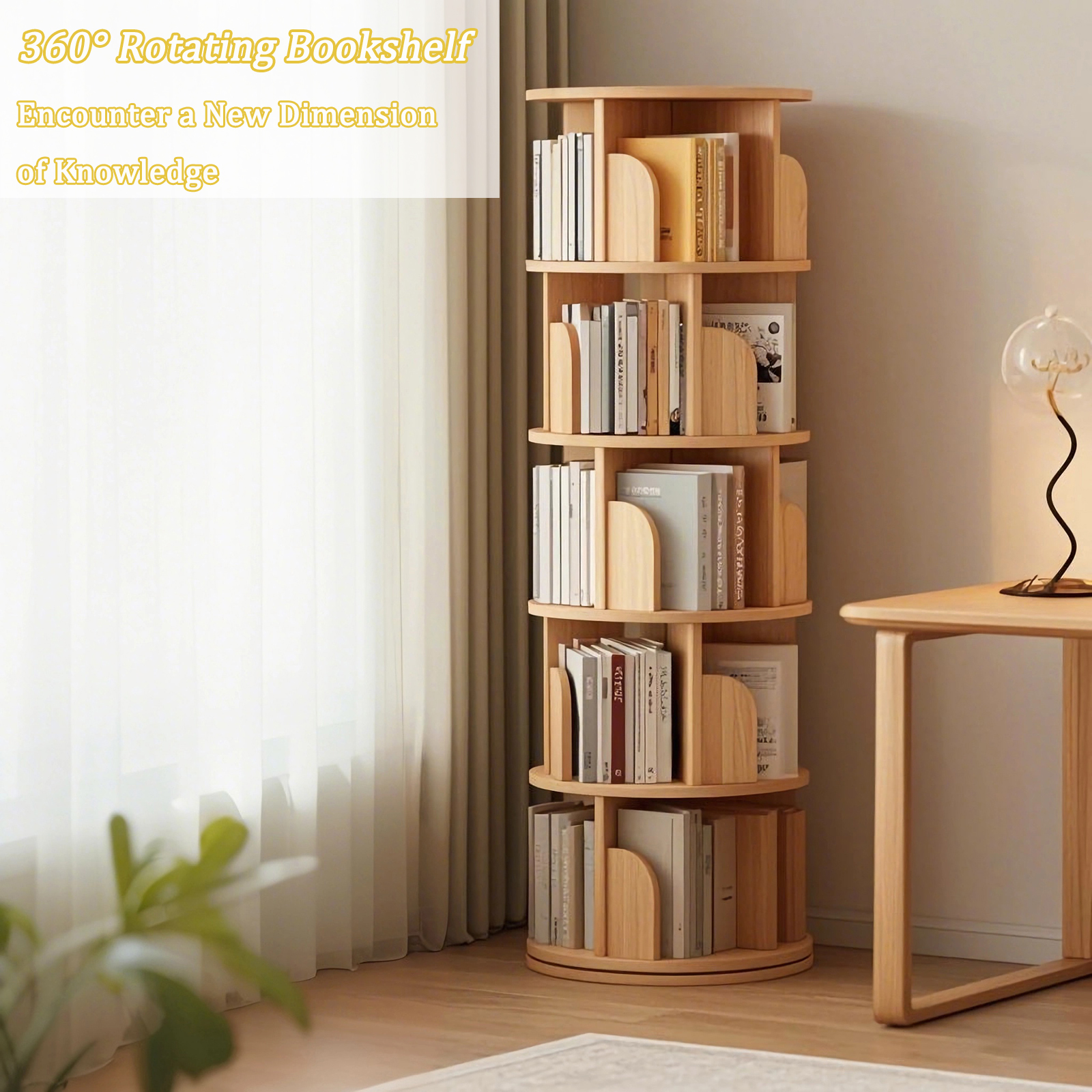 5 Tier Rotating Bookshelf, 360 Display Round Spinning Bookshelf, Space-Saving, Small Space Rotating Bookshelf Tower For Bedroom, Living Room, Home, Office, Wood Color