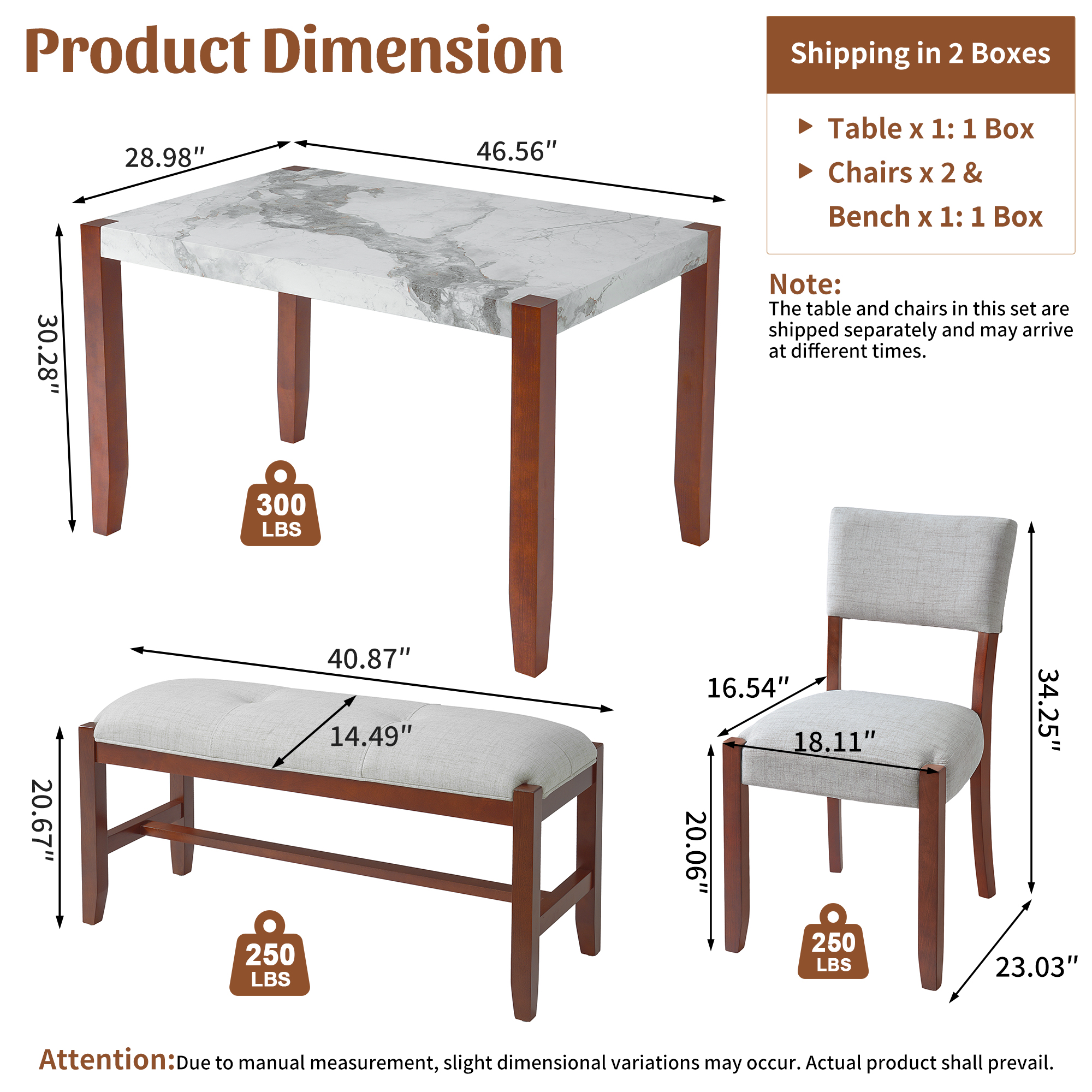 4-Piece Dining Set, 1 Marble-Look Table With 2 Upholstered Chairs And 1 Bench With Solid Rubber Wood Legs, Padded Seat, Curved Backrest, Space-Saving, Dining Room, Beige