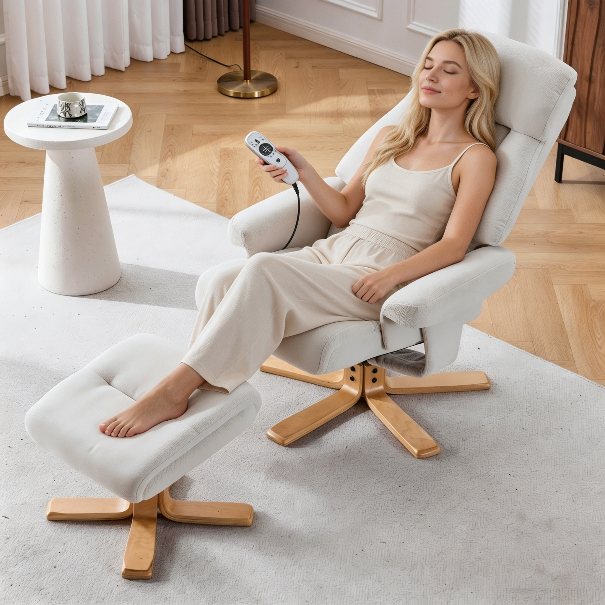 Beige Fabric Upholstered Heated Massage 360 Swivel Accent Chair, Chair With Ottoman, Ergonomic Comfort For Living Room, Bedroom Reading Nook Small Single Sofa For Bedroom, Office, Apartment