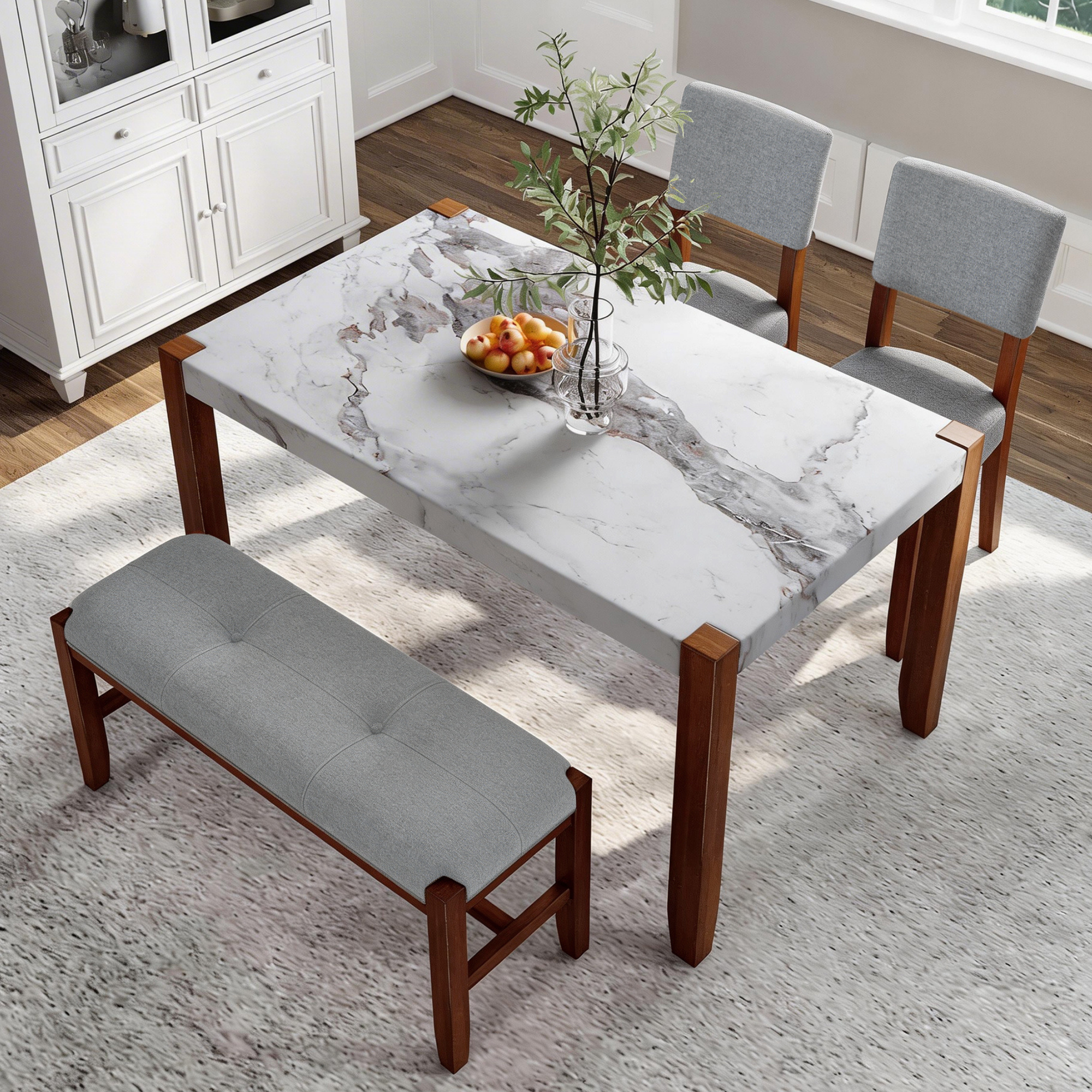 4-Piece Dining Set, 1 Marble-Look Table With 2 Upholstered Chairs And 1 Bench With Solid Rubber Wood Legs, Padded Seat, Curved Backrest, Space-Saving, Dining Room, Gray