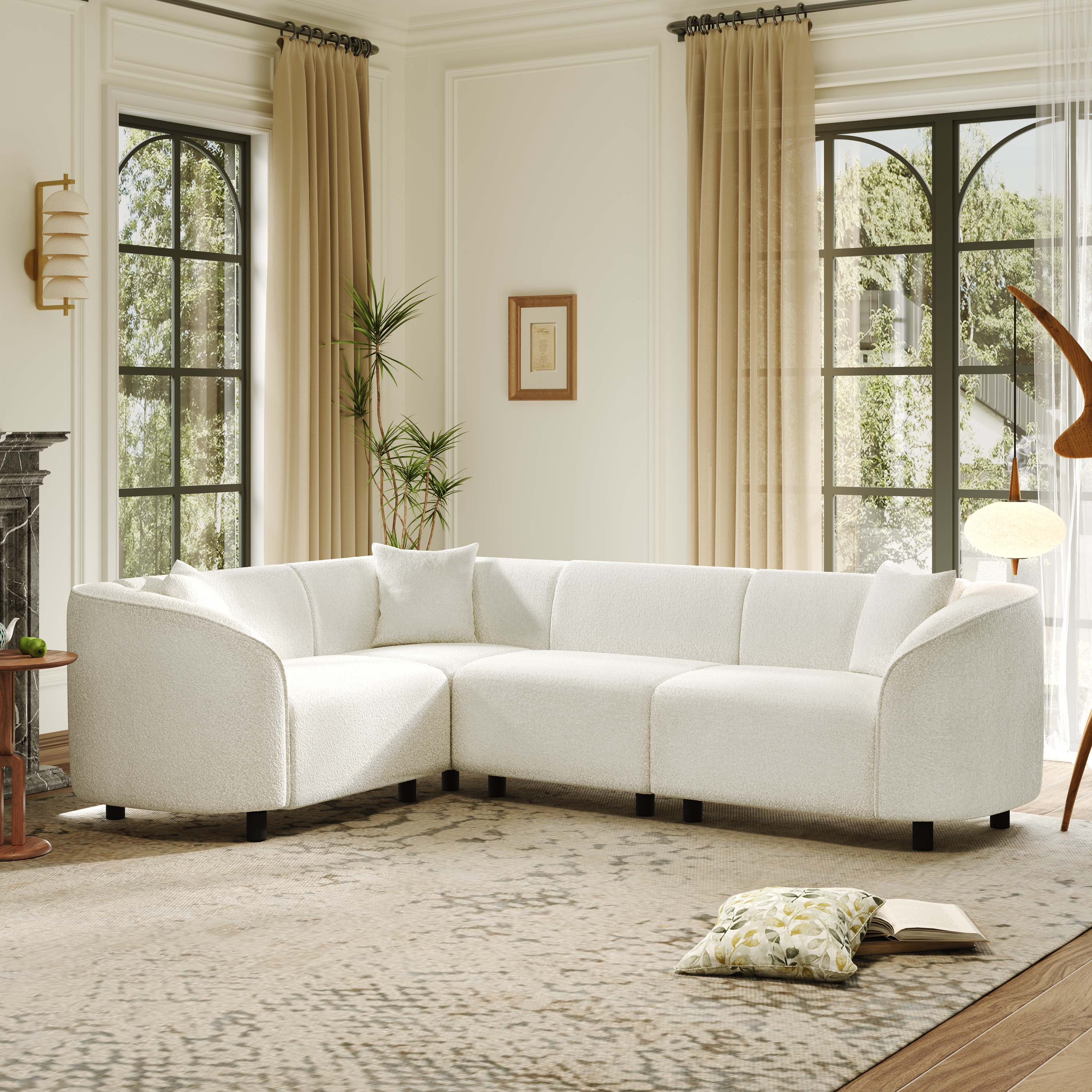 104  L-Shaped Curved Contemporary Sectional Sofa In Beige Plush 4-Seater, Sculptural Design & Premium Boucle Upholstery  Modern Luxury For Spacious Living
