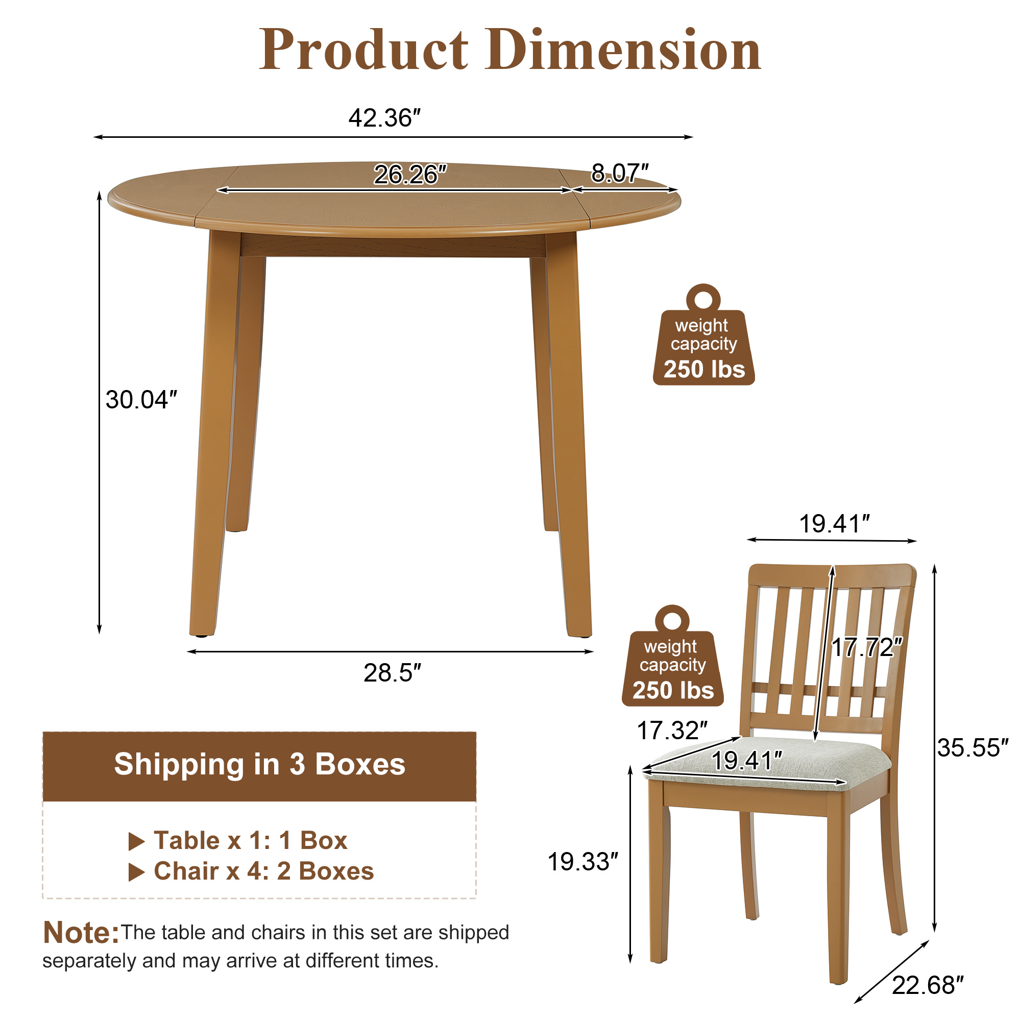 5-Piece Round Dining Table Set For 4 People, 1 Folding Wood Dining Table   4 Upholstered Chairs, Space-Saving Design For Small Apartments And Dining Areas -LIGHT BROWN