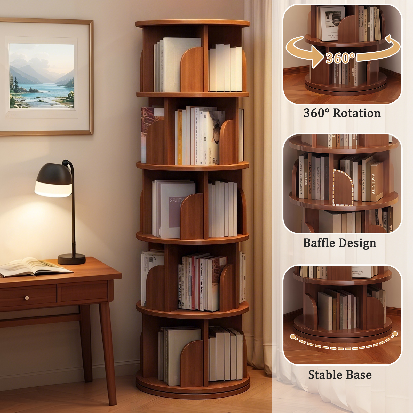 5 Tier Rotating Bookshelf, 360 Display Round Spinning Bookshelf, Space-Saving, Small Space Rotating Bookshelf Tower For Bedroom, Living Room, Home, Office, Walnut