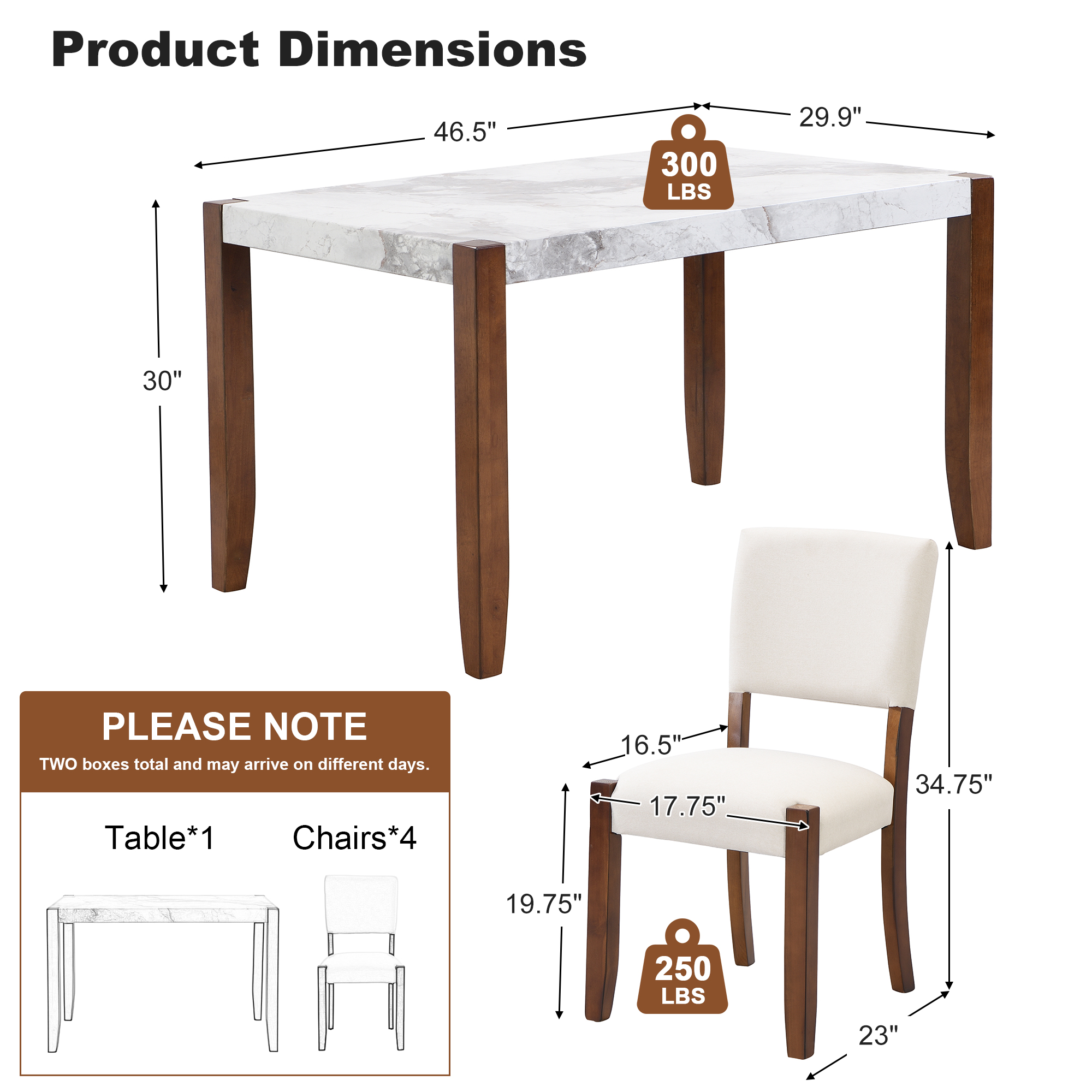 5-Piece Dining Table Set For 4, 46  Faux Marble Style Table And 4 Upholstered Chairs With Solid Rubberwood Legs, Padded Seat, Curved Backrest, Space-Saving Dinette Set For Dining Room, White-SQ000885