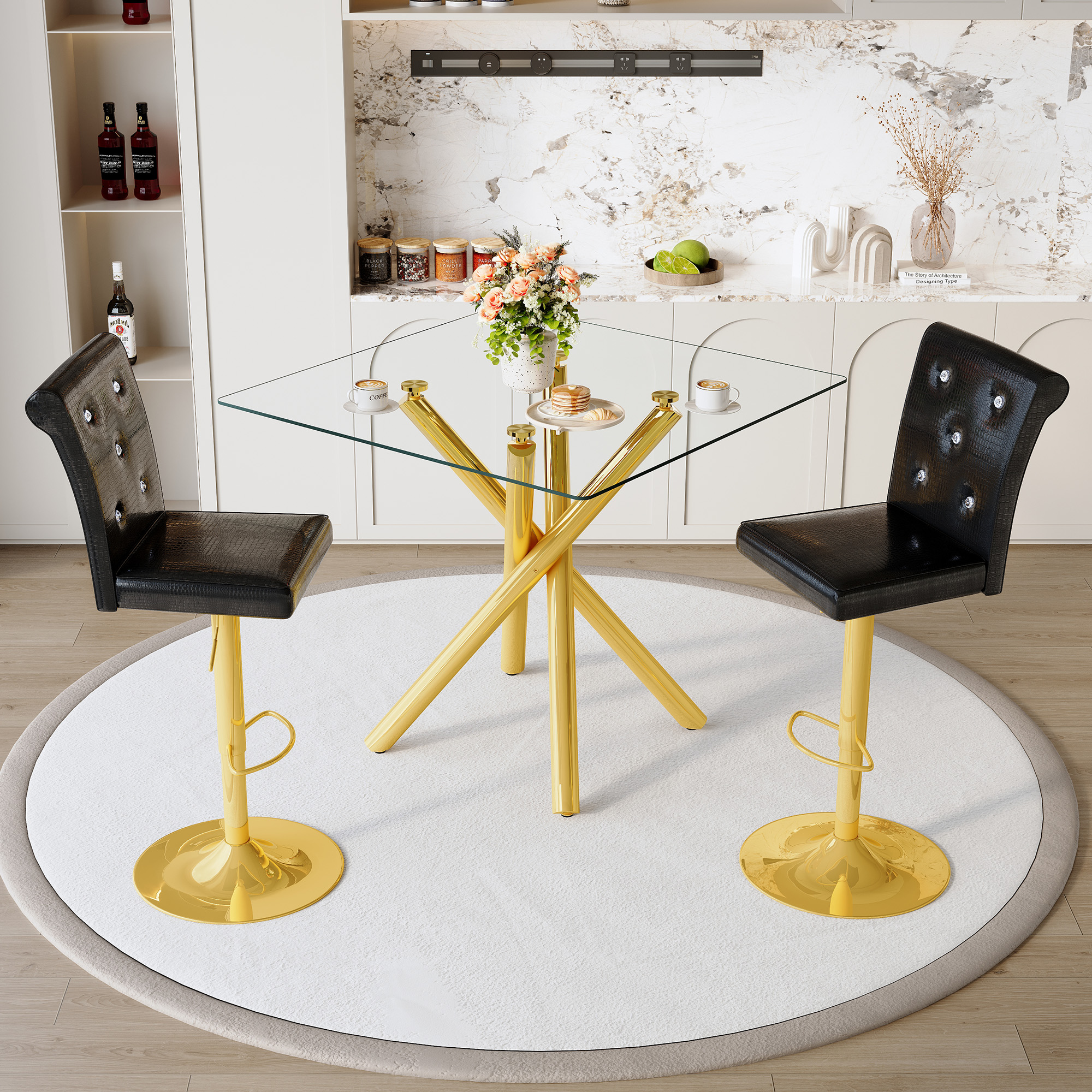 Modern Glass Bar Table And Adjustable Bar Stools Set Of 2, Contemporary Counter Height Pub Table With Gold Chrome Legs, Black PU Leather Swivel Bar Chairs For Kitchen Island, Home Bar, Small Space