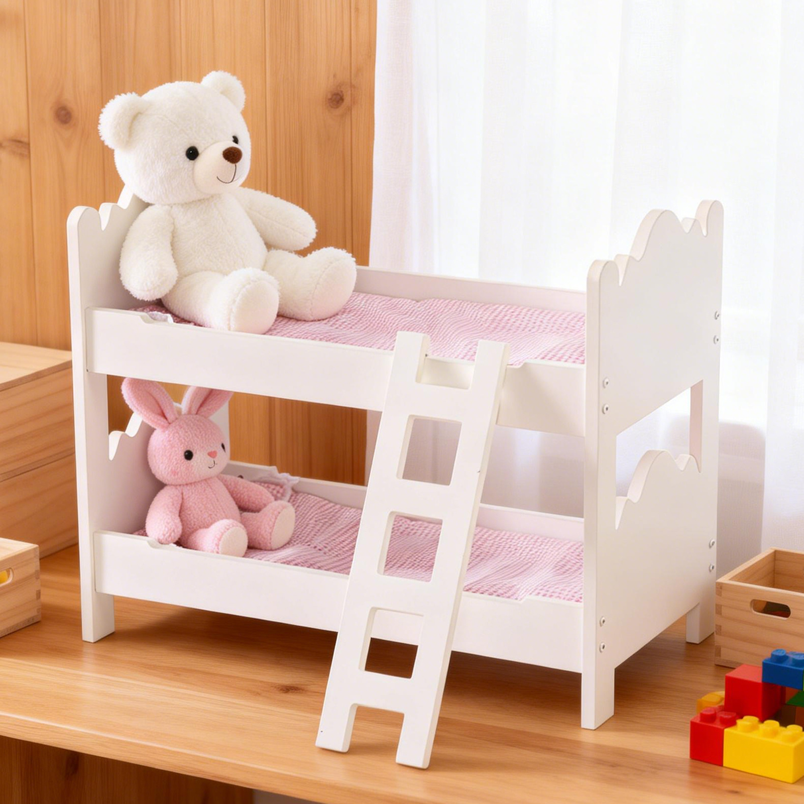 Baby Doll Bunk Bed Easy Assembly Wooden Play Bunk Bed With Ladder Pink Bedding For 18 Inch Dolls