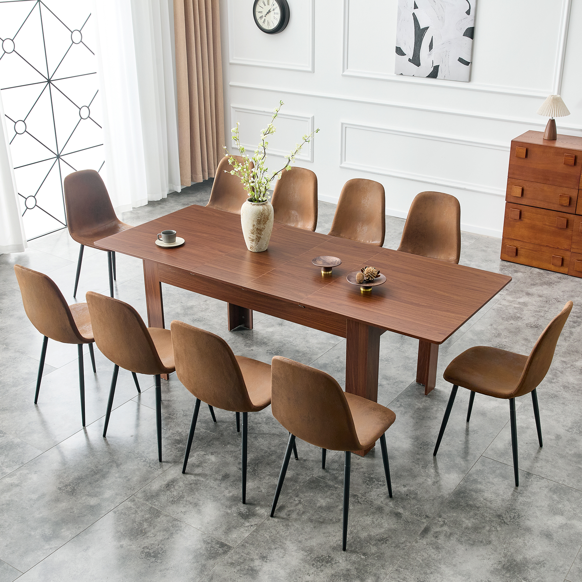 Extendable Rectangular Dining Table, Modern Expandable Kitchen Table With 2 Drop Leaves, Walnut Finish, Space-Saving Dinner Table For Small To Large Family, Dining Room & Living Room