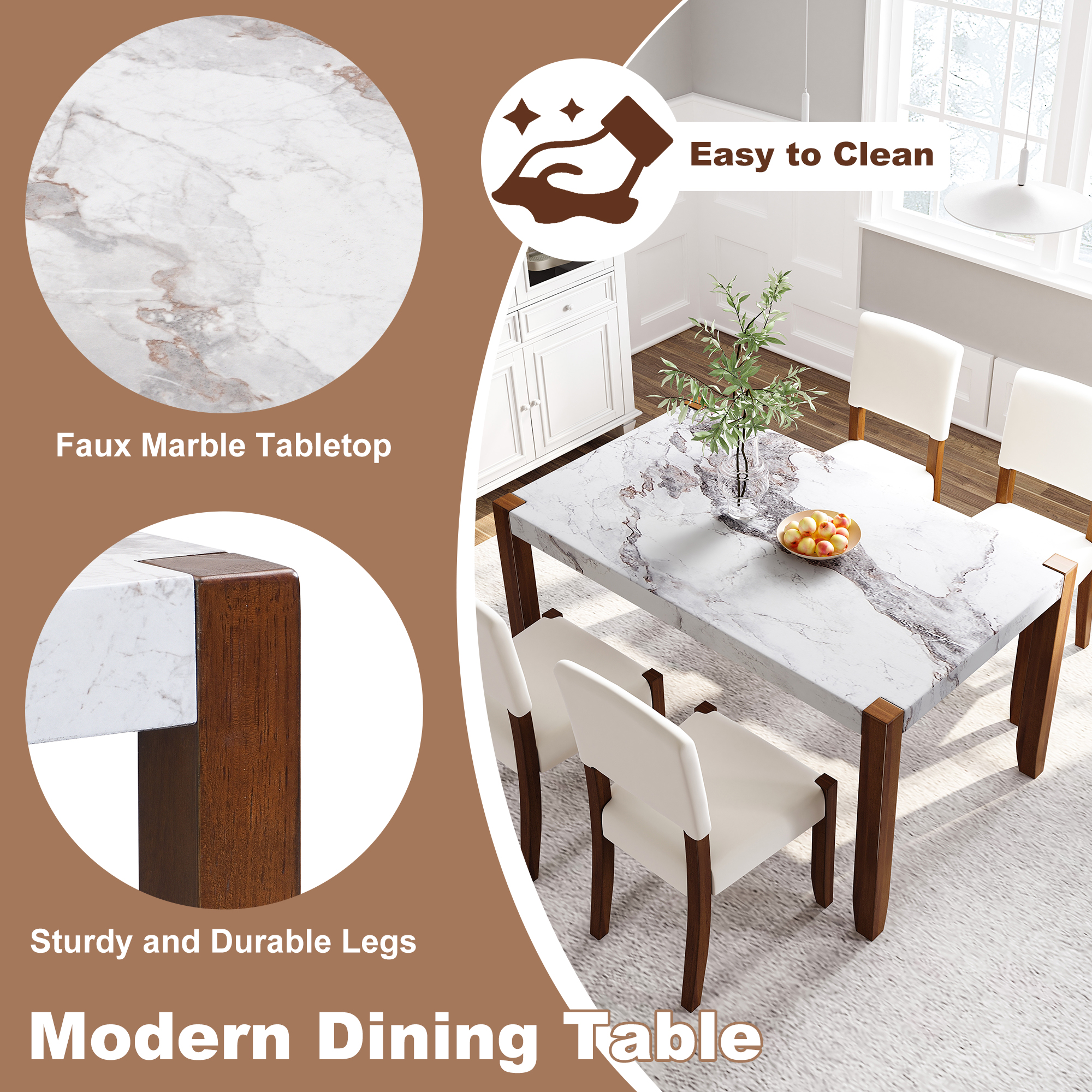 5-Piece Dining Table Set For 4, 46  Faux Marble Style Table And 4 Upholstered Chairs With Solid Rubberwood Legs, Padded Seat, Curved Backrest, Space-Saving Dinette Set For Dining Room, White-SQ000885