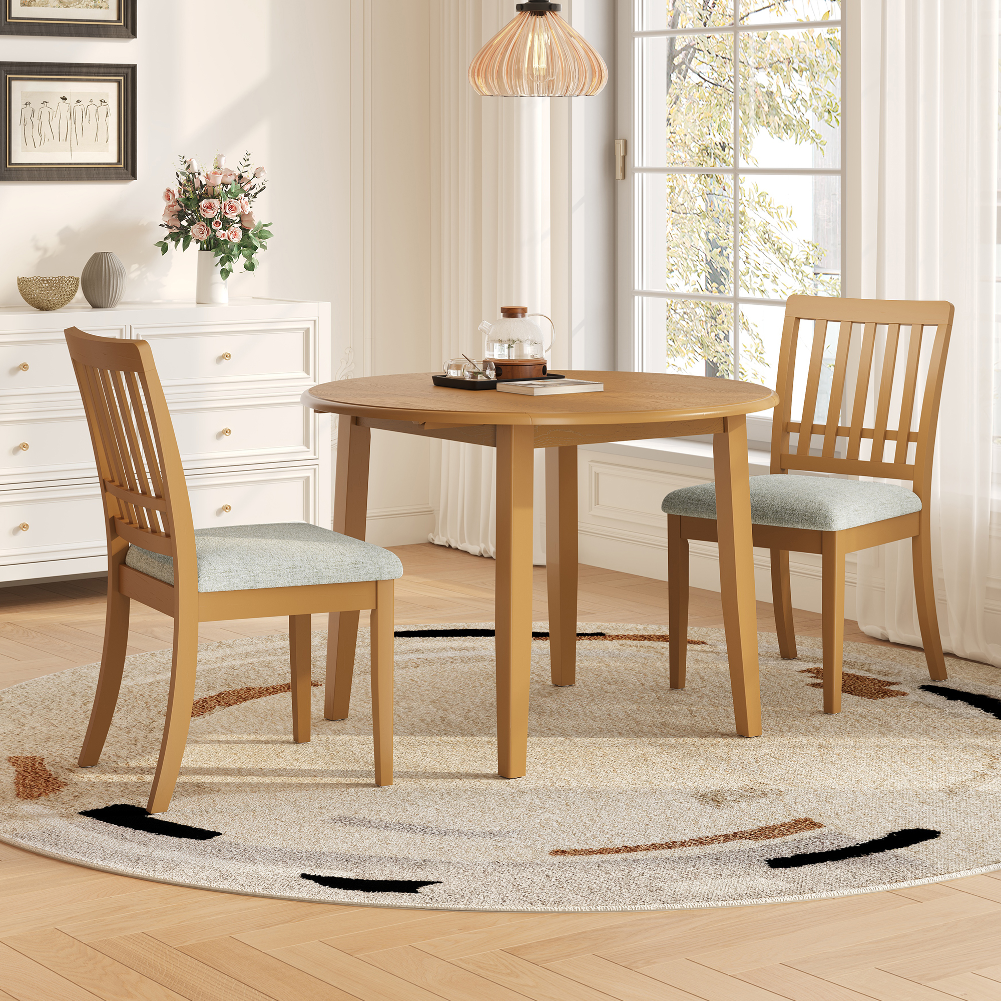 3-Piece Round Dining Table Set For 2 People, 1 Folding Wood Dining Table   2 Upholstered Chairs, Space-Saving Design For Small Apartments And Dining Areas -LIGHT BROWN