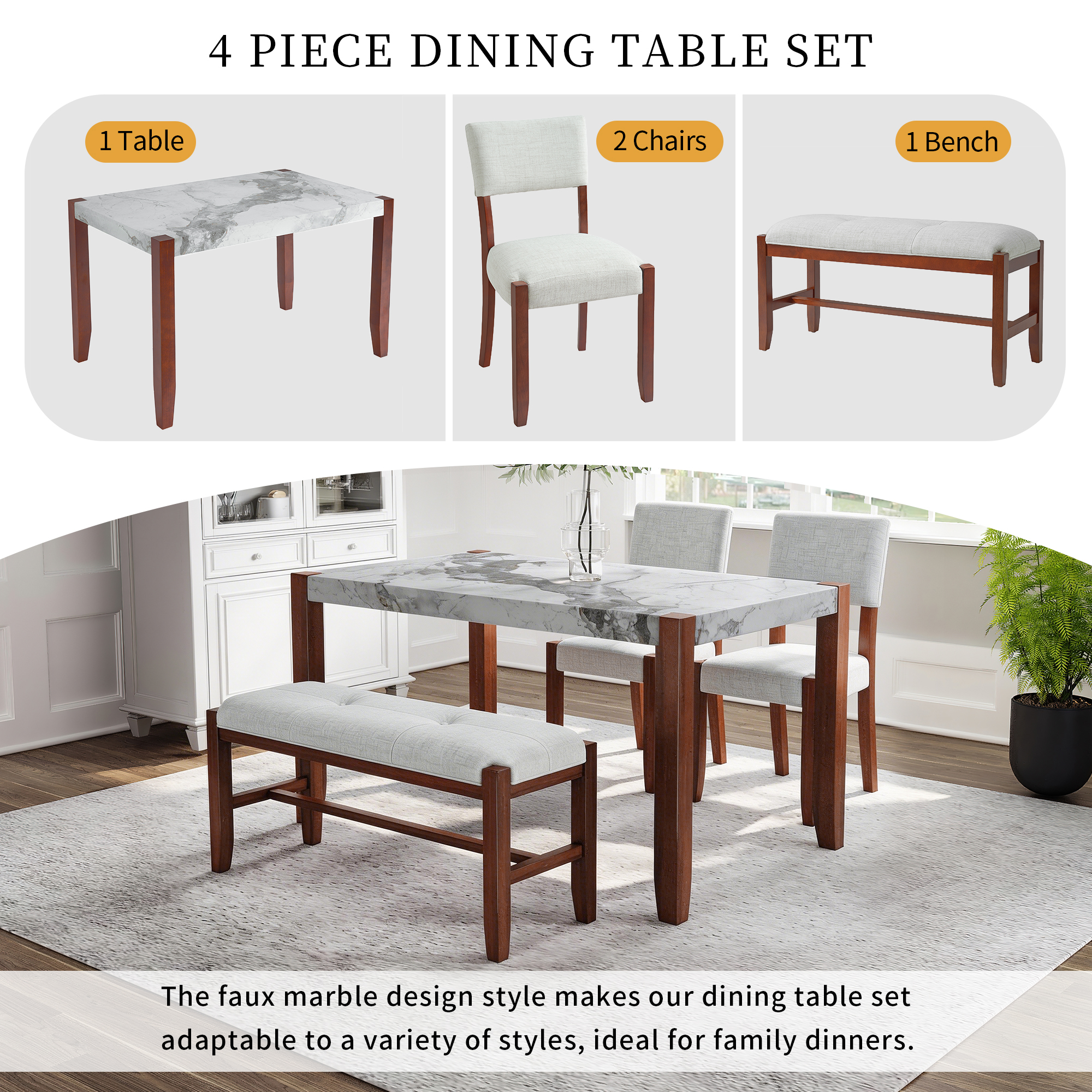 4-Piece Dining Set, 1 Marble-Look Table With 2 Upholstered Chairs And 1 Bench With Solid Rubber Wood Legs, Padded Seat, Curved Backrest, Space-Saving, Dining Room, Beige