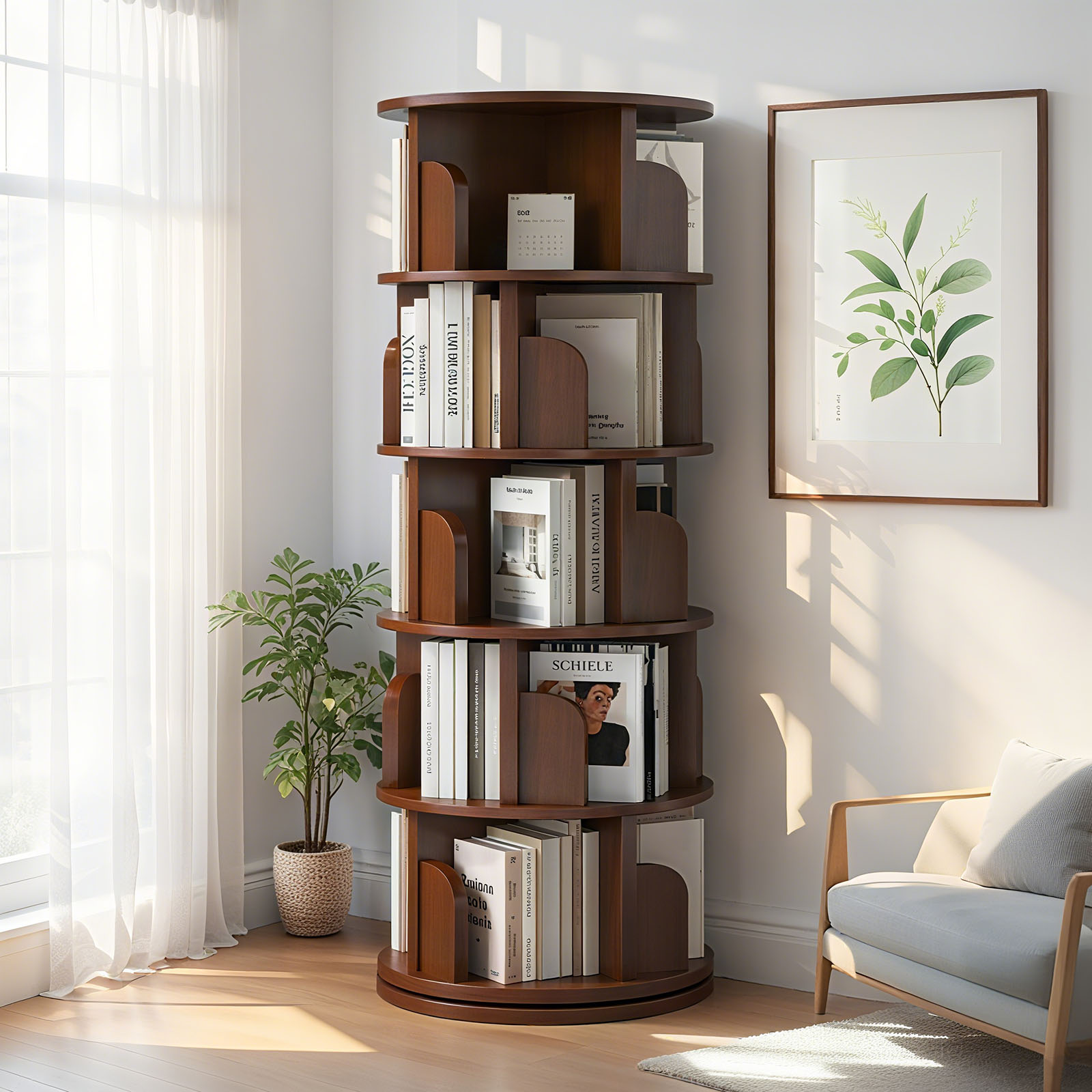 5 Tier Rotating Bookshelf, 360 Display Round Spinning Bookshelf, Space-Saving, Small Space Rotating Bookshelf Tower For Bedroom, Living Room, Home, Office, Walnut