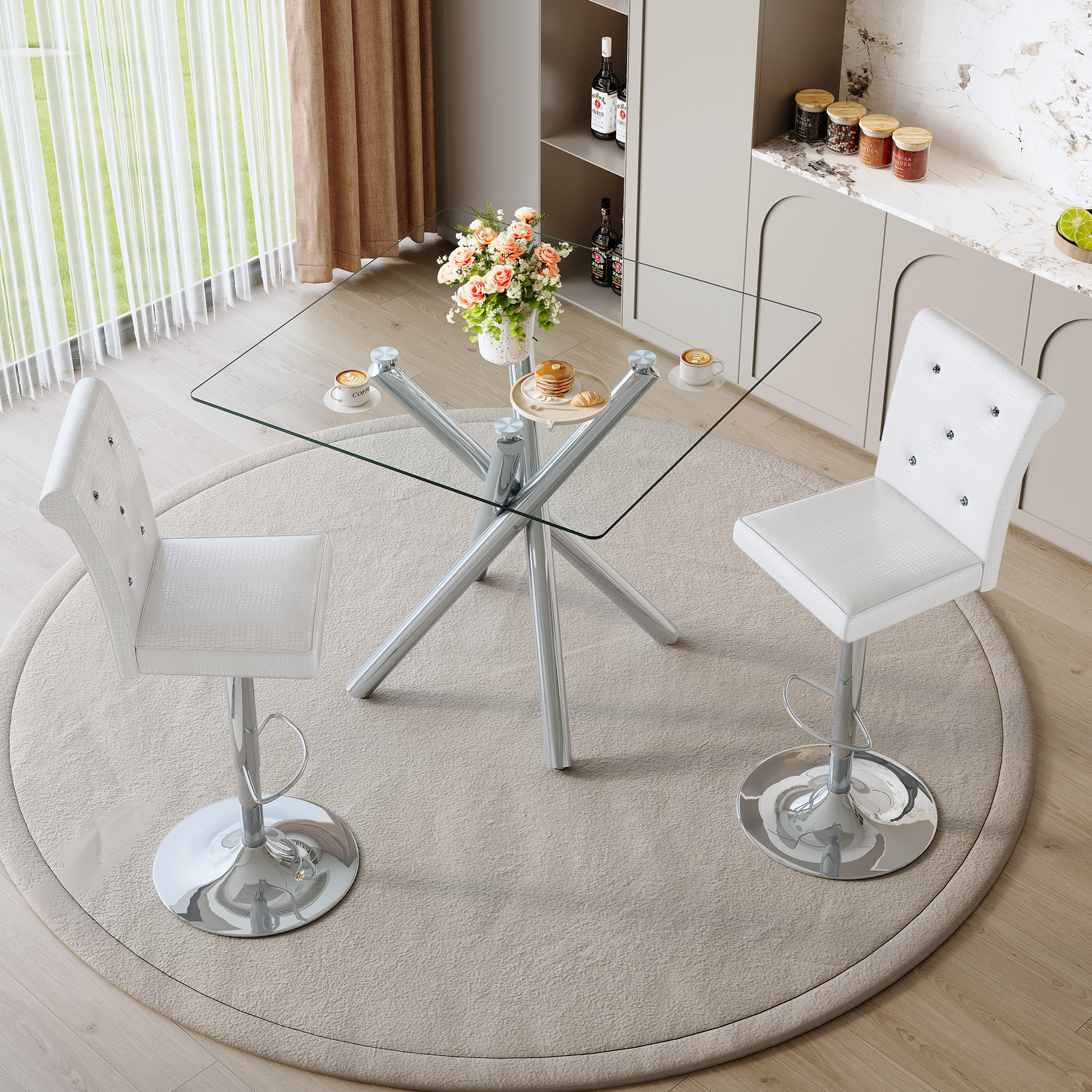 Modern Glass Bar Table And Adjustable Bar Stools Set Of 2, Contemporary Counter Height Pub Table With Chrome Legs, White PU Leather Swivel Bar Chairs For Kitchen Island, Home Bar, Small Space