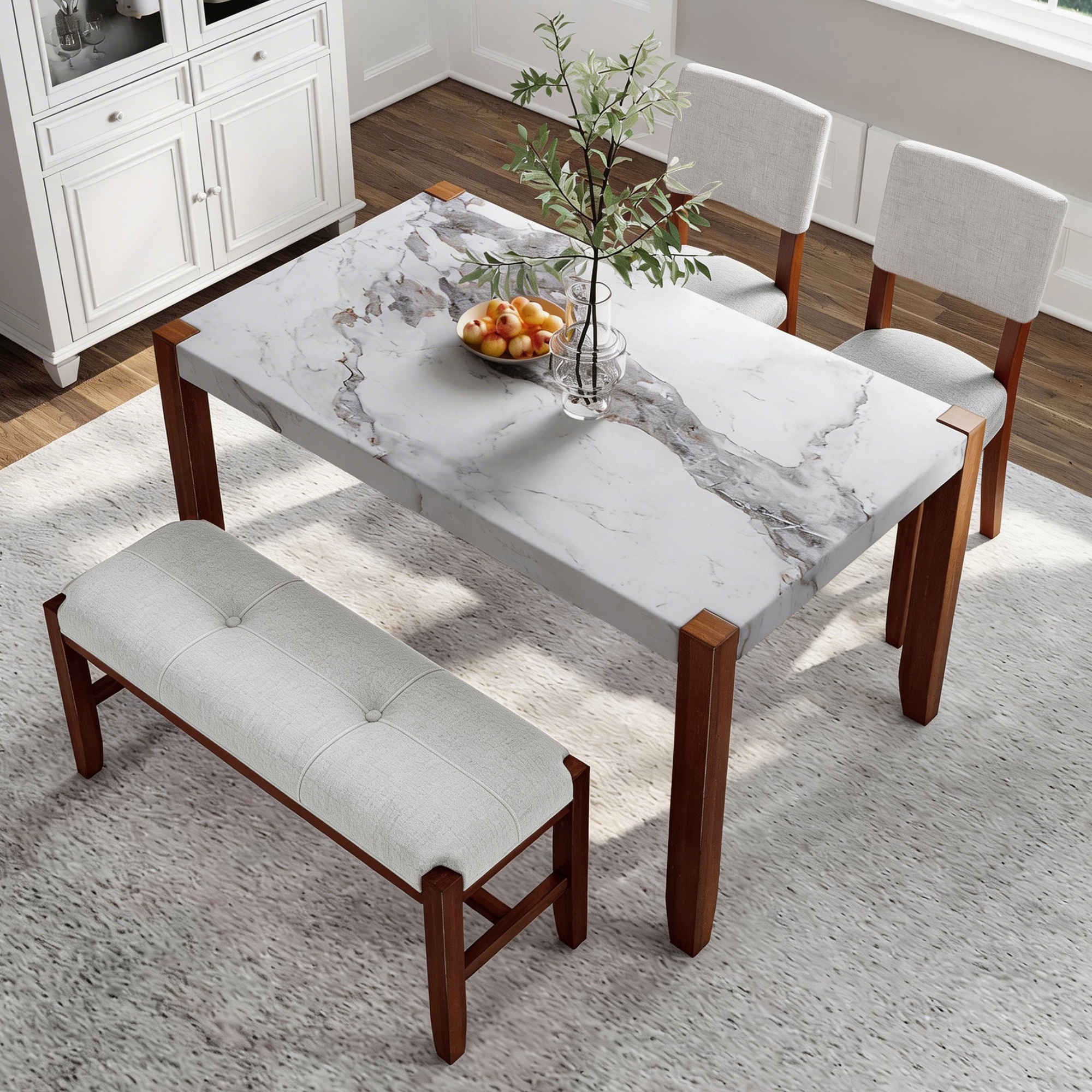 4-Piece Dining Set, 1 Marble-Look Table With 2 Upholstered Chairs And 1 Bench With Solid Rubber Wood Legs, Padded Seat, Curved Backrest, Space-Saving, Dining Room, Beige