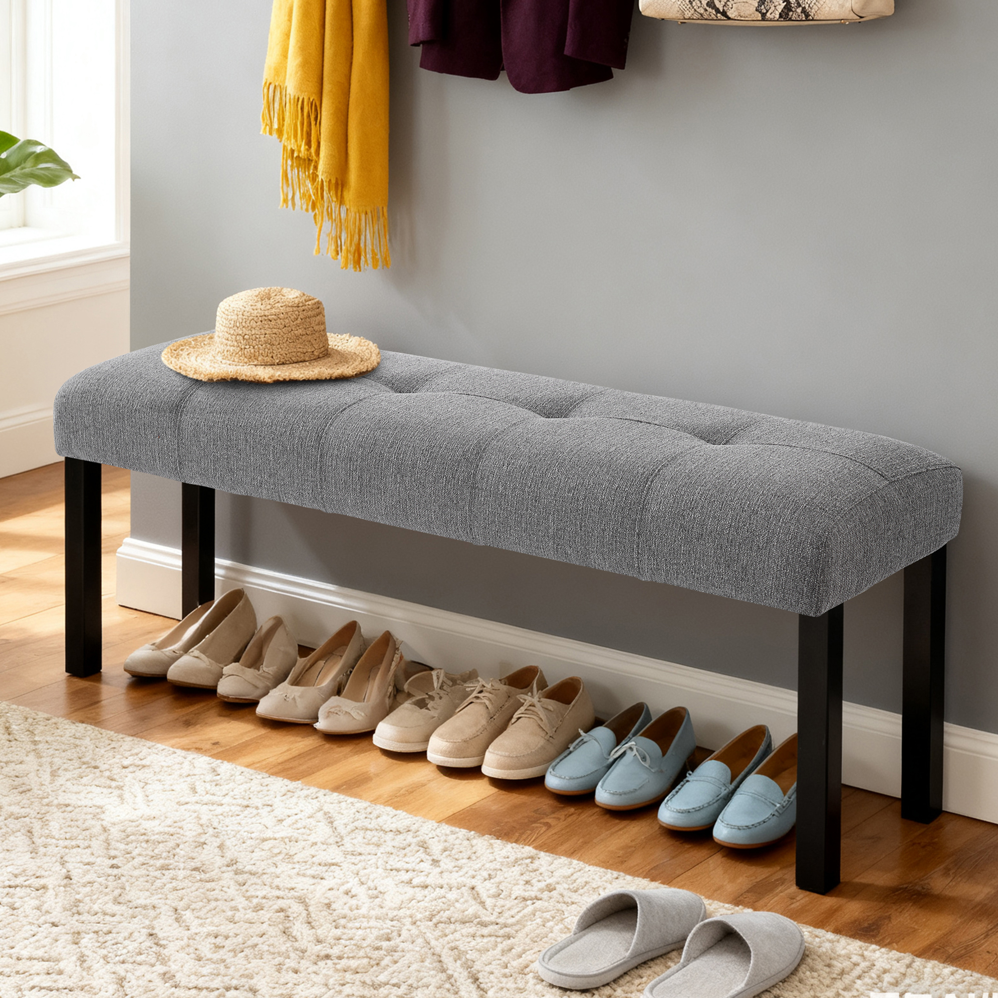 Tufted Linen Dining Bench, picture 2 of 3