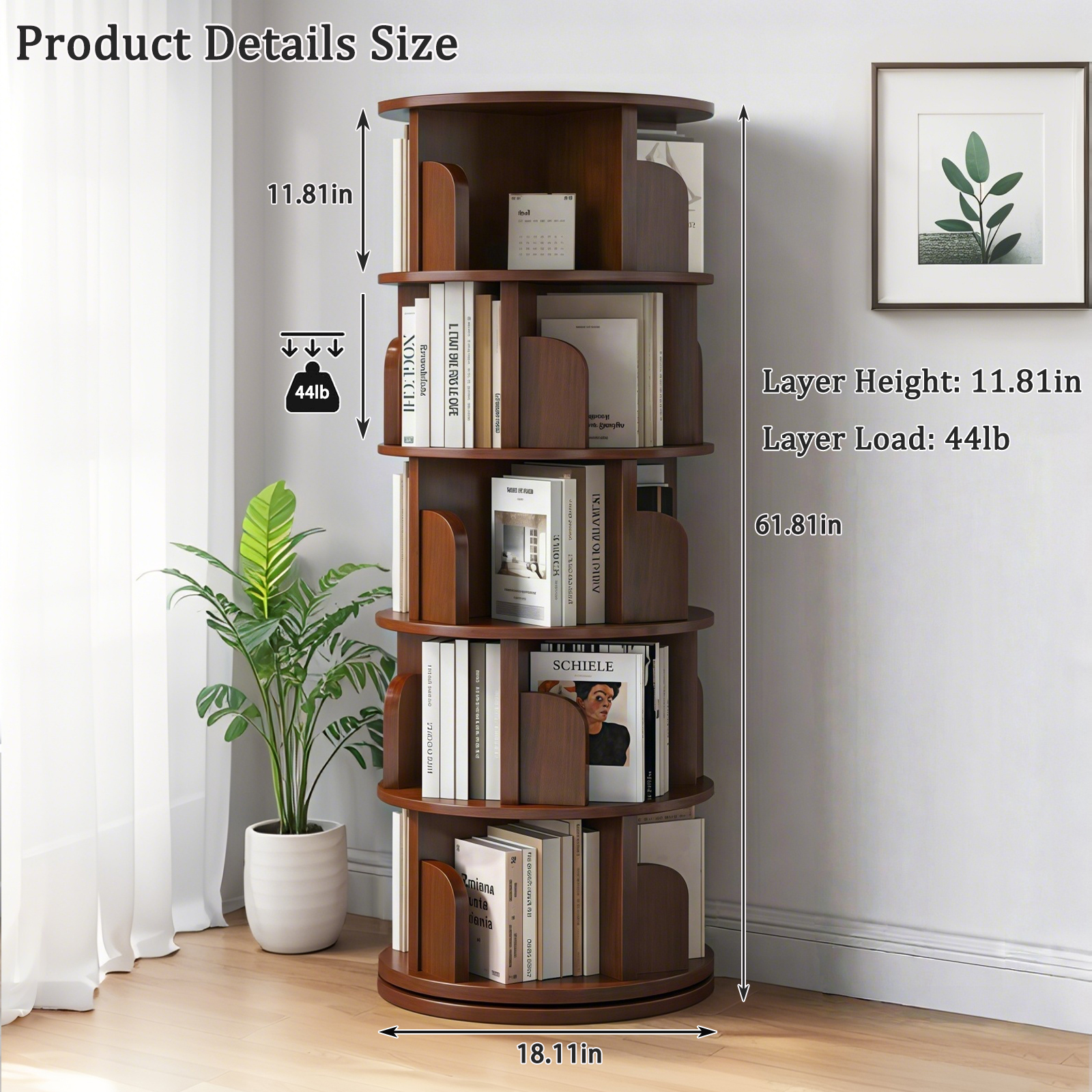 5 Tier Rotating Bookshelf, 360 Display Round Spinning Bookshelf, Space-Saving, Small Space Rotating Bookshelf Tower For Bedroom, Living Room, Home, Office, Walnut