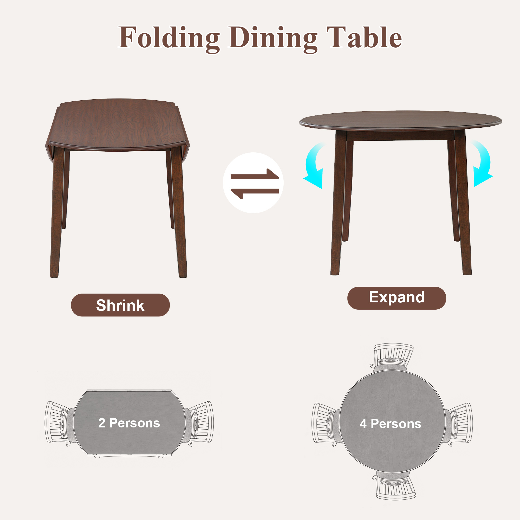 Extendable Round Dining Table For 2 -4 People, Folding Wood Dining Table With Adjustable Size, Space-Saving Design For Small Apartments And Dining Areas  BROWN