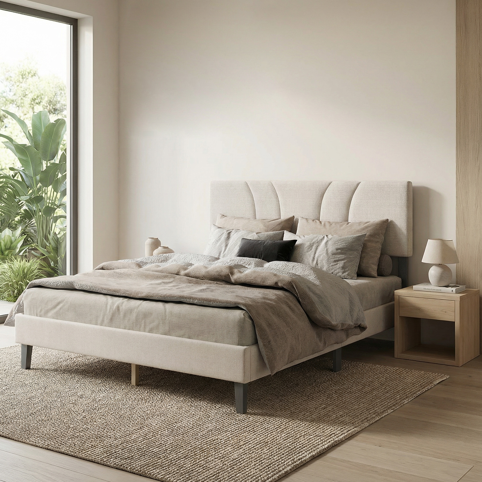 Queen Size Platform Bed Frame With Adjustable Fabric Upholstered Headboard And Wooden Slats Support Fully Upholstered Mattress Foundation No Box Spring Needed Easy Assembly Beige