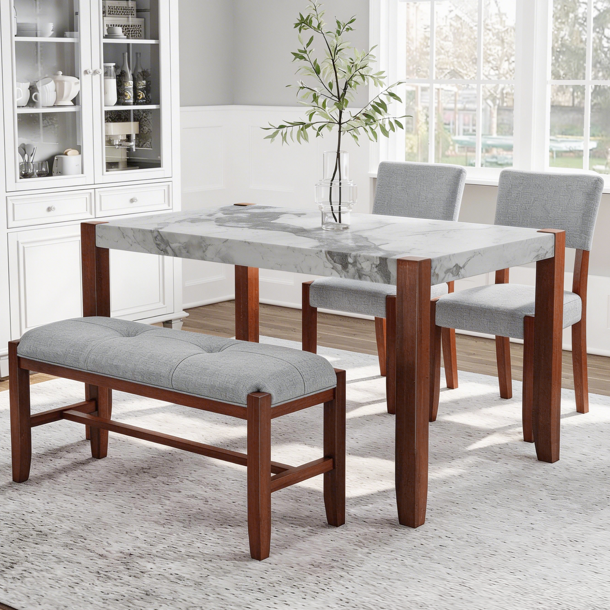 4-Piece Dining Set, 1 Marble-Look Table With 2 Upholstered Chairs And 1 Bench With Solid Rubber Wood Legs, Padded Seat, Curved Backrest, Space-Saving, Dining Room, Gray