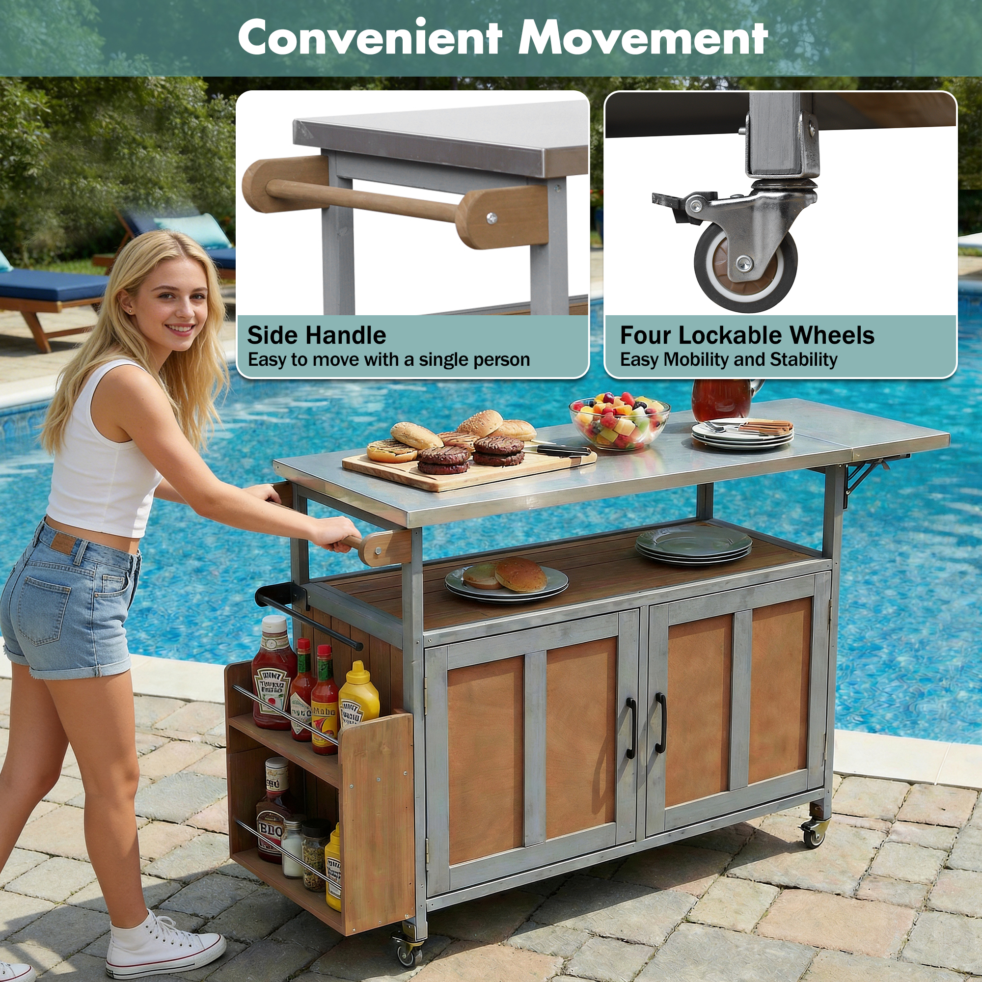Foldable Outdoor Kitchen Island Patio Mobile Kitchen Cart Portable Outdoor Cooking Island With Lockable Wheels, Storage Cabinet And Towel Rack For Patio And Outdoor, Espresso Grey detail