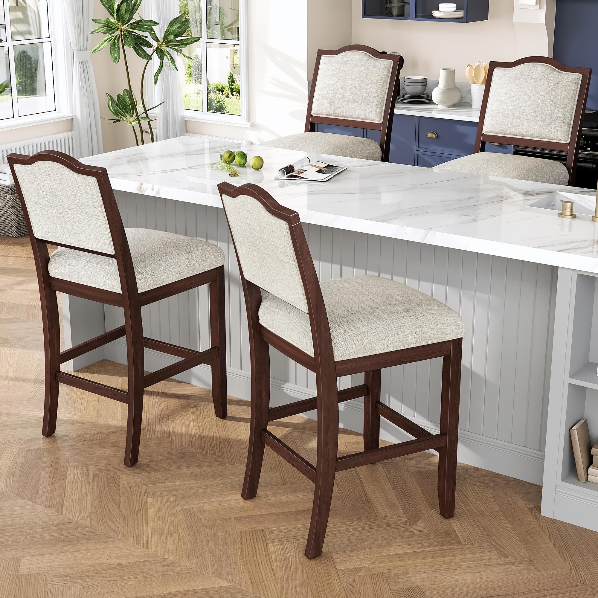 Counter Height Bar Stools Set Of 2 - Rustic 2 Pack Bar Stools With Rubber Wood Frame, Ergonomic Backrest, Versatile For Kitchen Island, Dining Room, Cherry