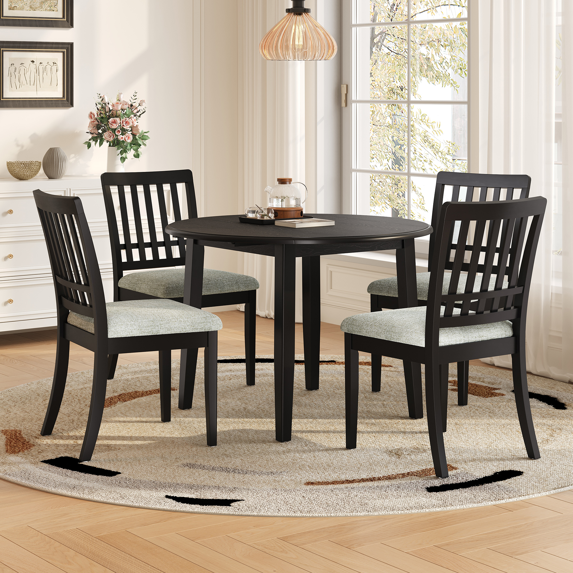 5-Piece Round Dining Table Set For 4 People, 1 Folding Wood Dining Table   4 Upholstered Chairs, Space-Saving Design For Small Apartments And Dining Areas - BLACK