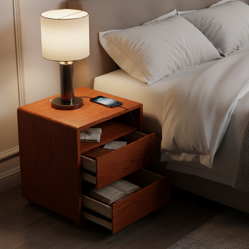 Solid Wood Nightstand with Charger
