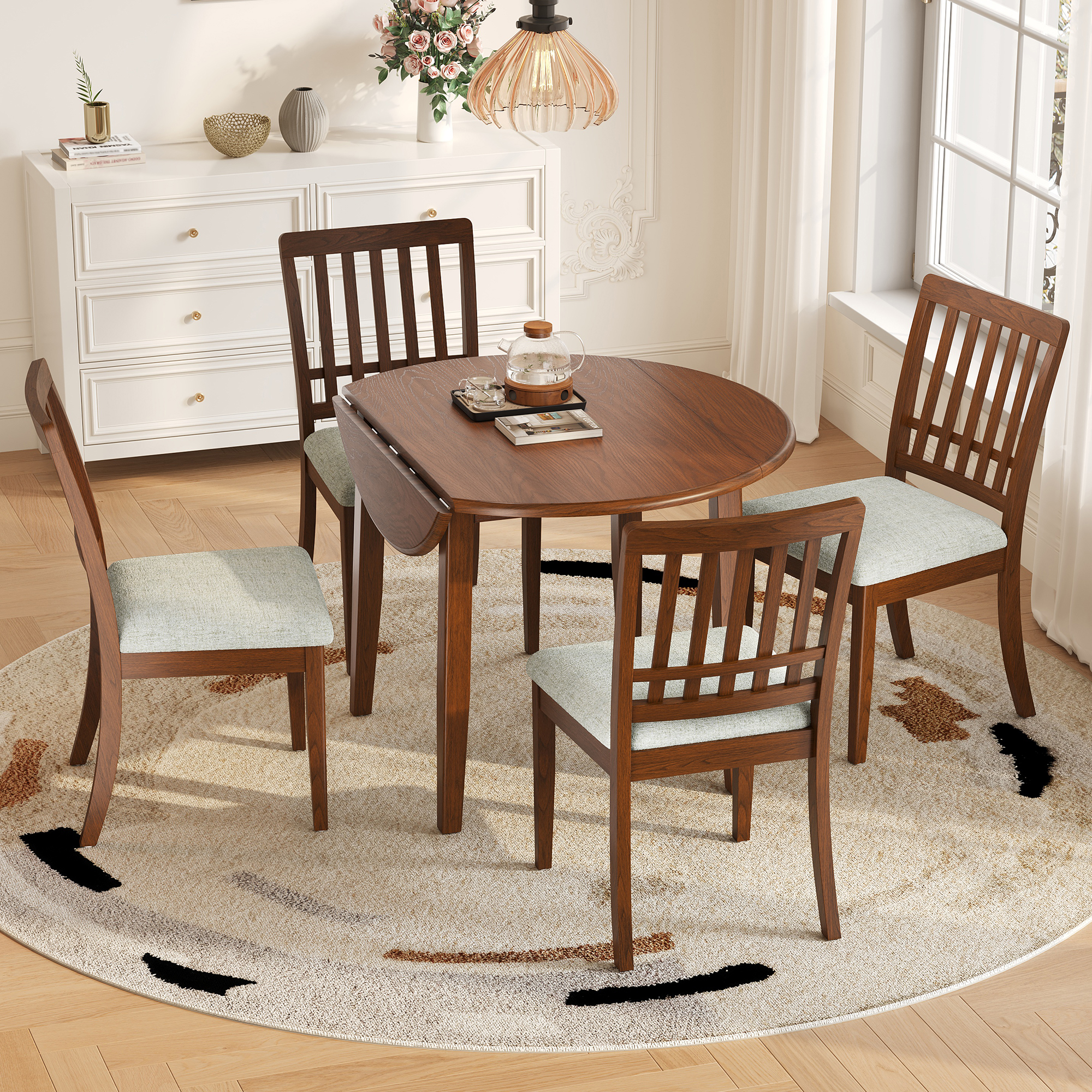 5-Piece Round Dining Table Set For 4 People, 1 Folding Wood Dining Table   4 Upholstered Chairs, Space-Saving Design For Small Apartments And Dining Areas - BROWN